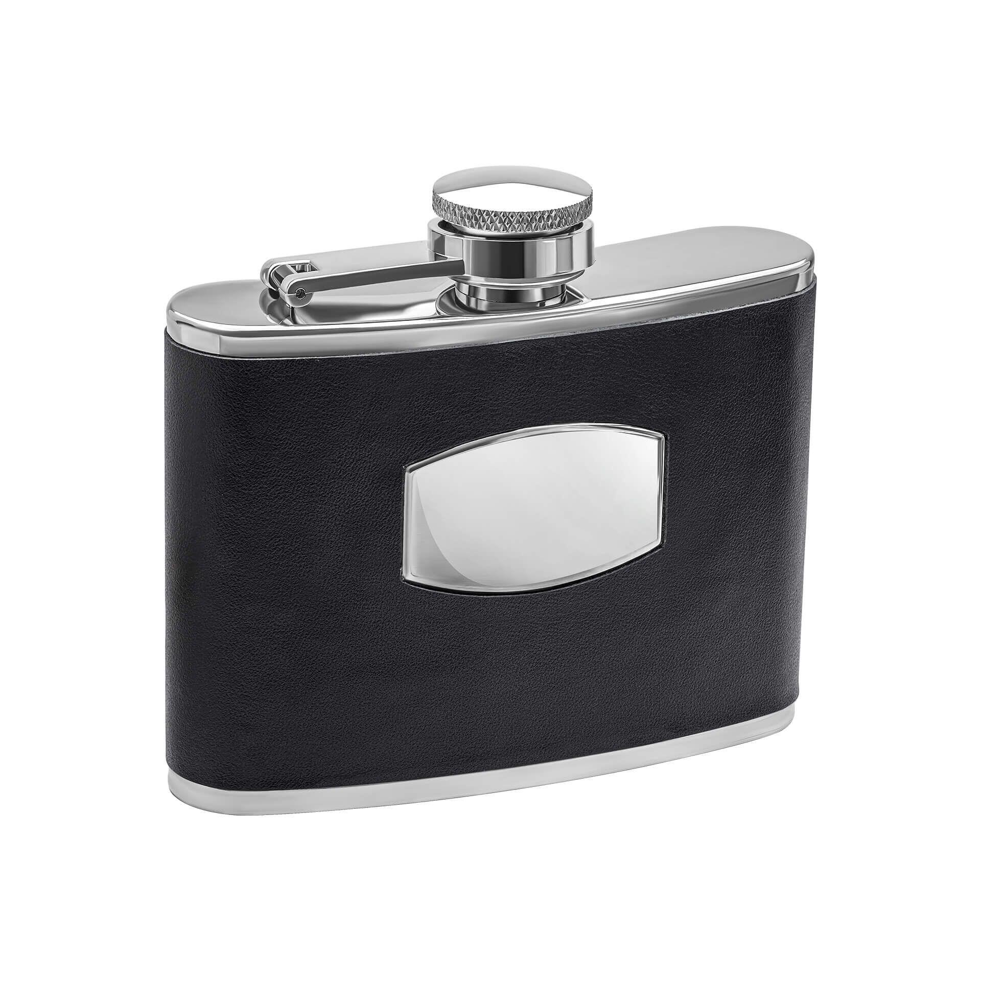 "fredbennett® Black Leather & Stainless Steel Hip Flask – a sleek and rugged gift for him with free engraving. Personalise with initials, dates, or a message for a meaningful keepsake. Available at Gold and Diamonds."