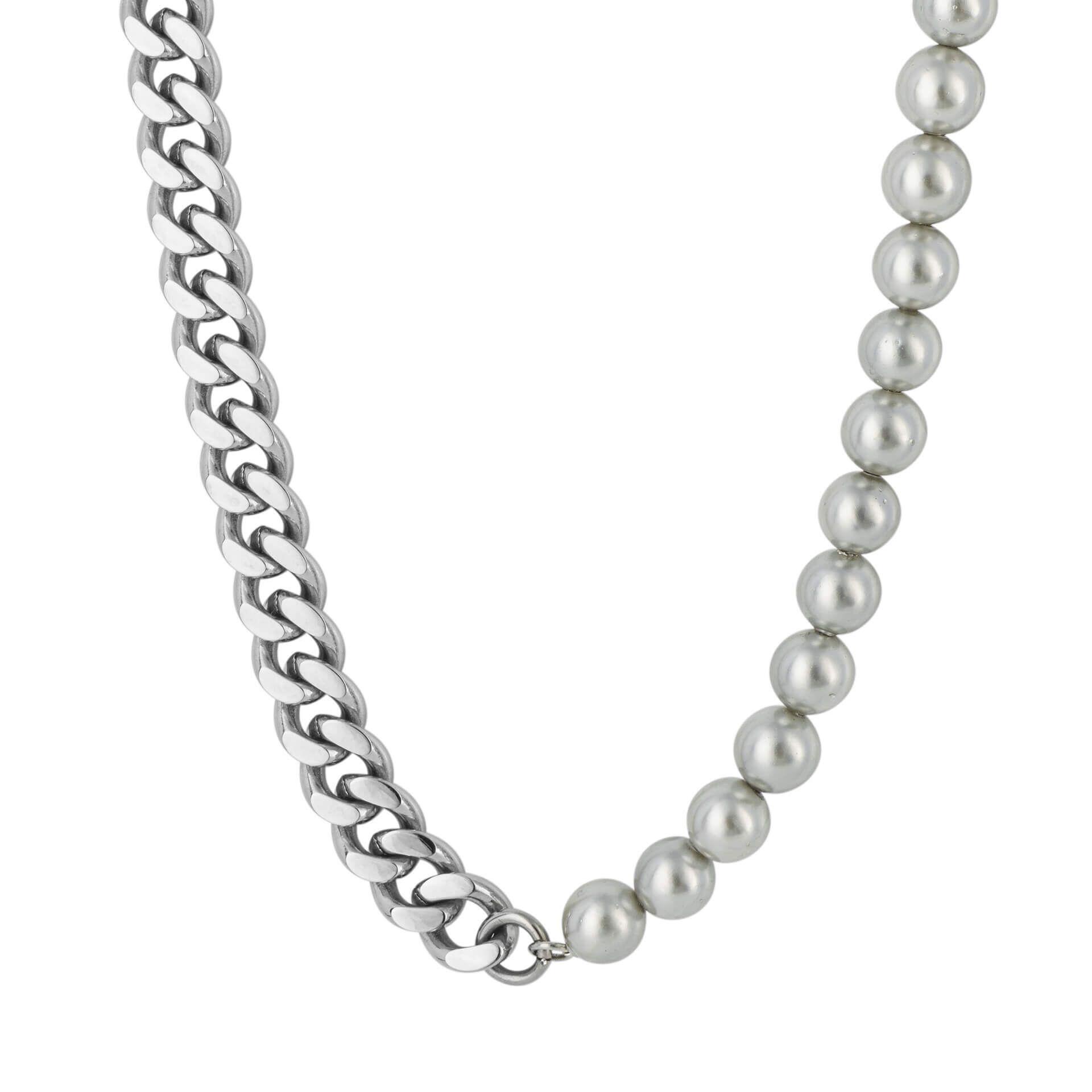 "fredbennett® Half Diamond Cut Curb Chain and White Shell Pearl Necklace – a bold mixed-material piece from the Unity Collection, skin-safe and presented in a suede pouch from Gold and Diamonds."