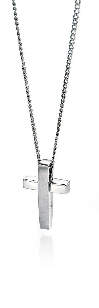 "fredbennett® Two-Tone Stainless Steel Cross Pendant and Chain – men’s necklace with polished and satin finish, skin-safe and presented in a suede pouch from Gold and Diamonds."