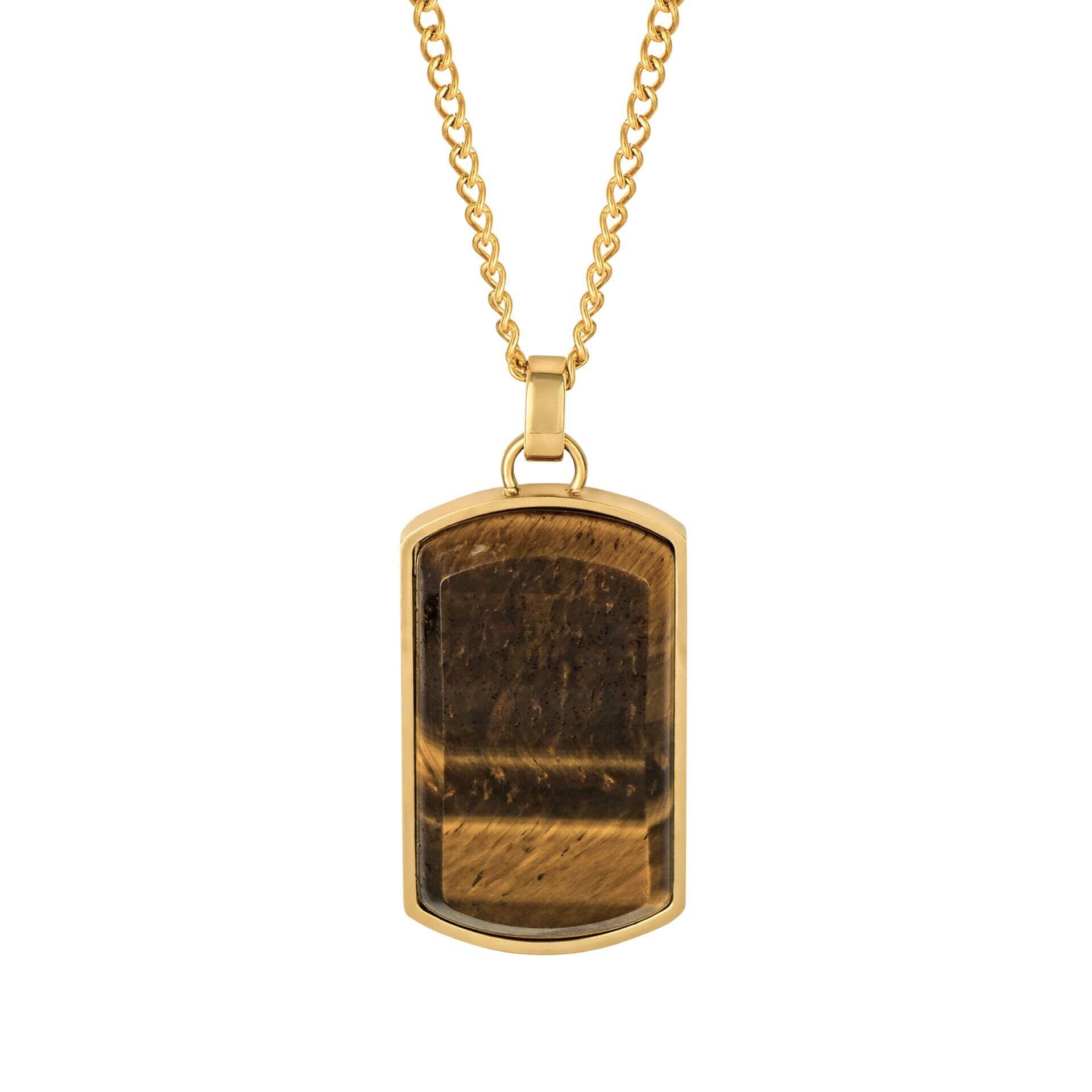 "fredbennett® Yellow Gold IP Dog Tag Necklace with Tiger’s Eye – healing men’s pendant with engravable reverse for text, handwriting or images. Presented in a suede pouch from Gold and Diamonds."