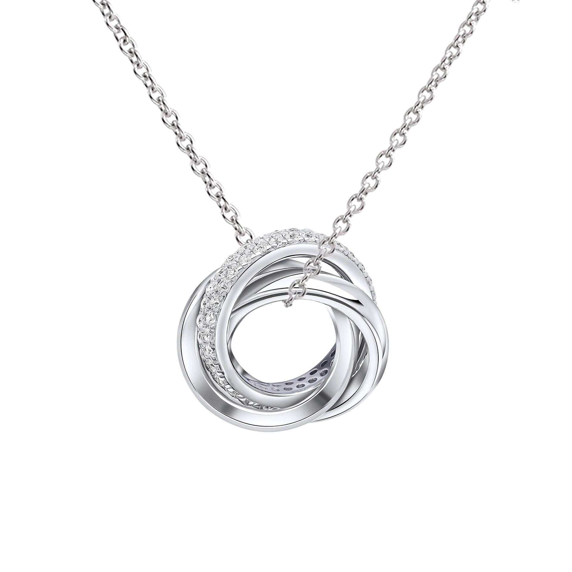 "Diamonfire® Triple Twist Pendant in sterling silver with 57-facet zirconia stones, triple plated in rhodium, palladium and platinum, AnchorCert Pro certified skin safe, presented in luxury silk packaging."