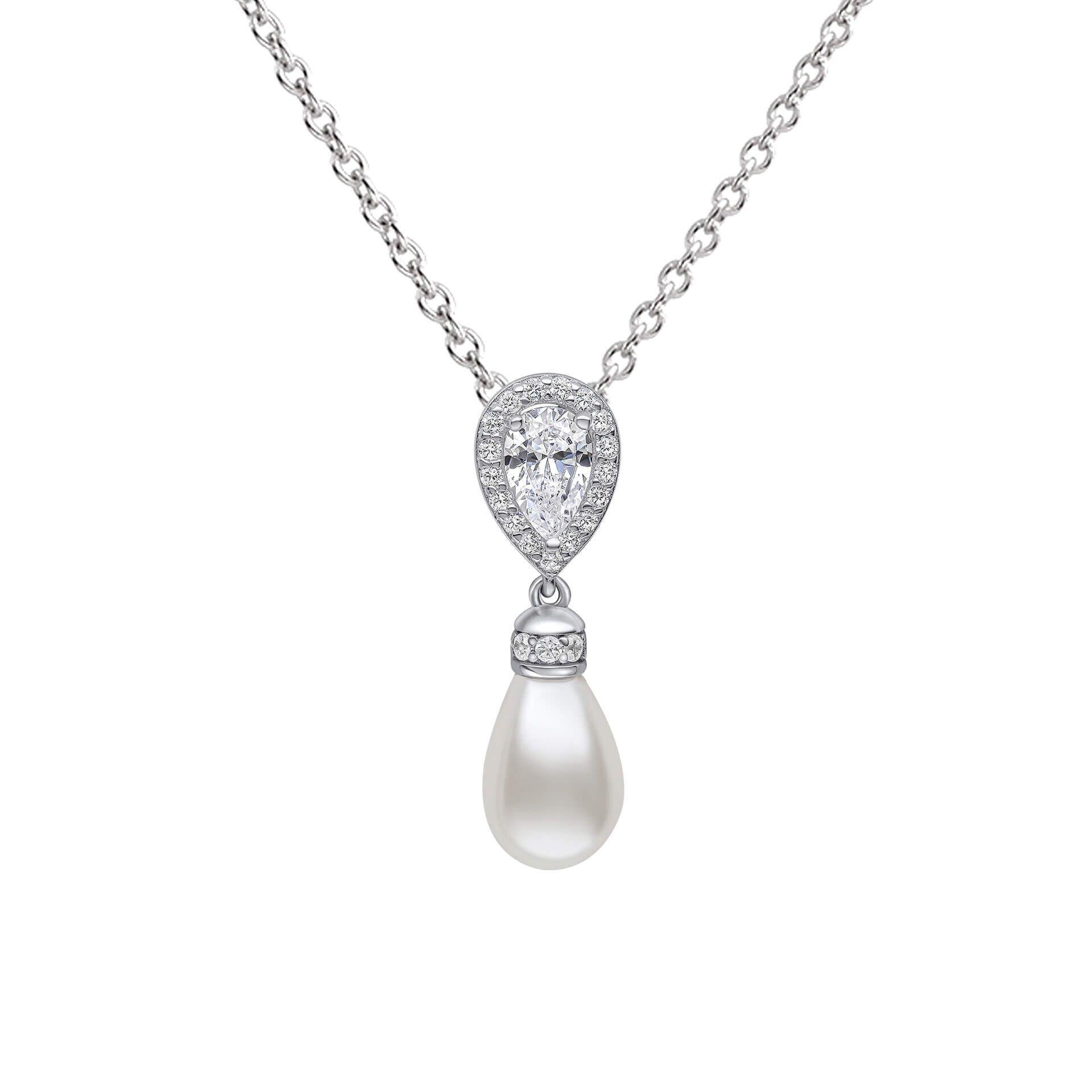 "Diamonfire® Teardrop Pendant with 57-facet zirconia stones and a natural white shell pearl drop, crafted in triple plated sterling silver, AnchorCert Pro certified skin safe, presented in luxury silk packaging."