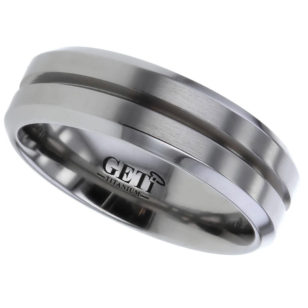 Flat profile Geti titanium wedding band with brushed centre, polished chamfered edges and central V groove by Gold and Diamonds