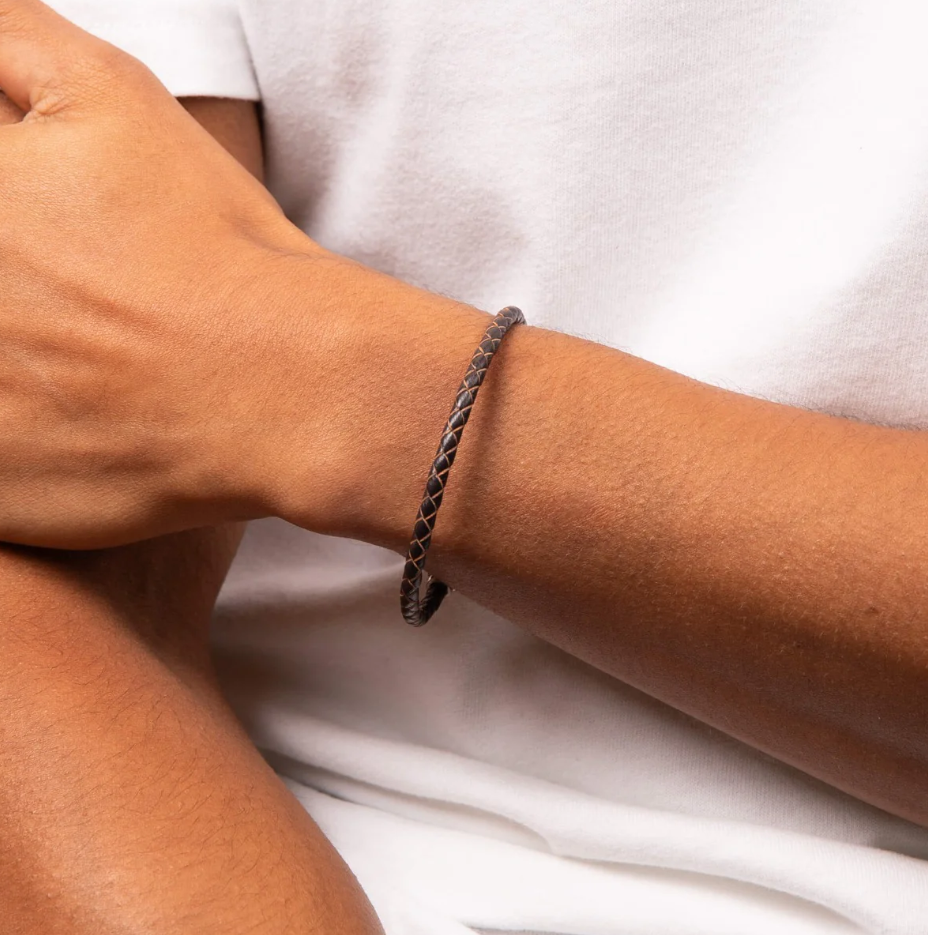 Fred Bennett skinny brown plaited leather bracelet with stainless steel magnetic clasp 21cm