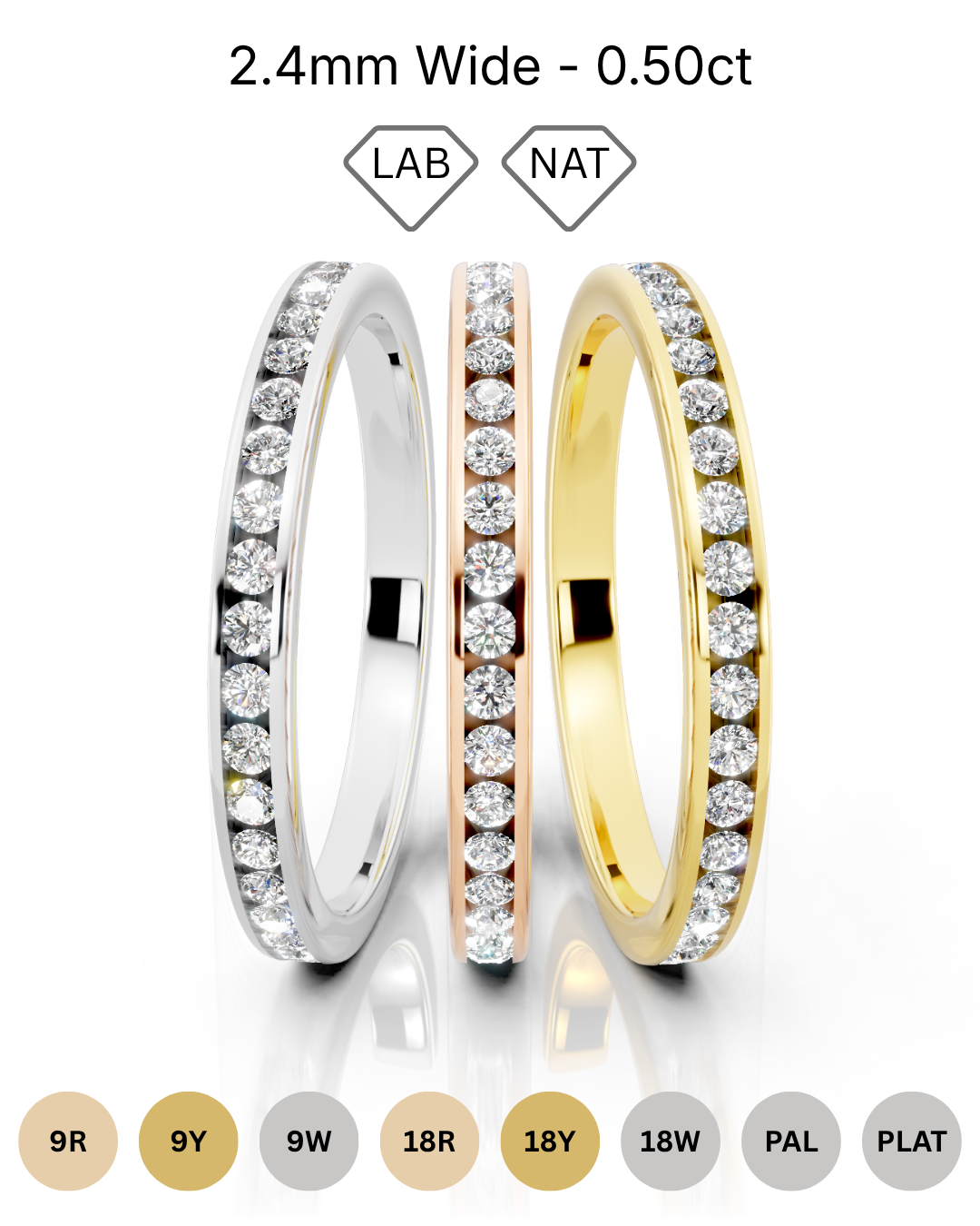 2.4mm full channel set diamond wedding band 0.50ct round diamonds in gold platinum and palladium