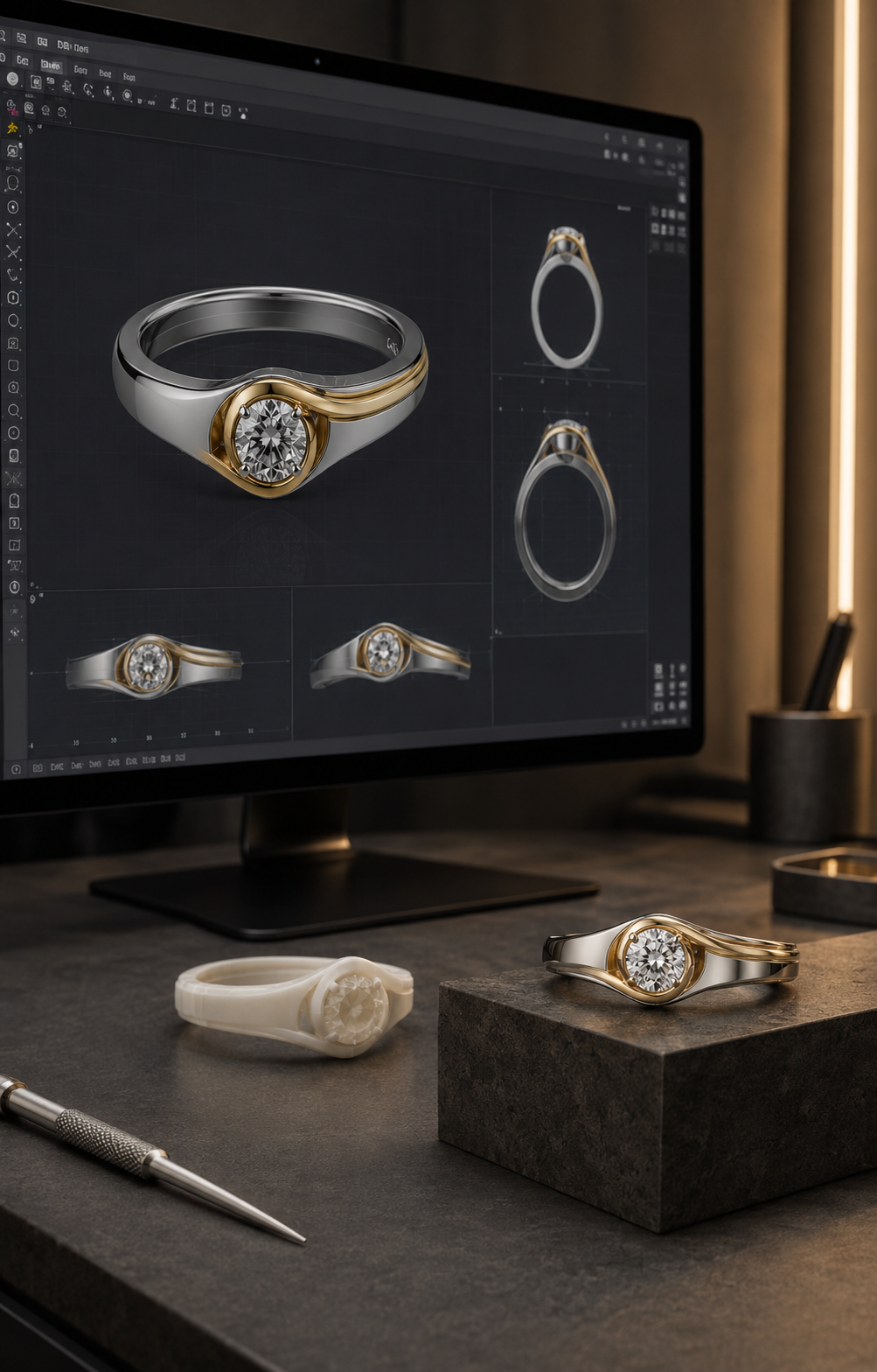 A bespoke ring progressing from CAD design and 3D-printed sample to finished jewellery