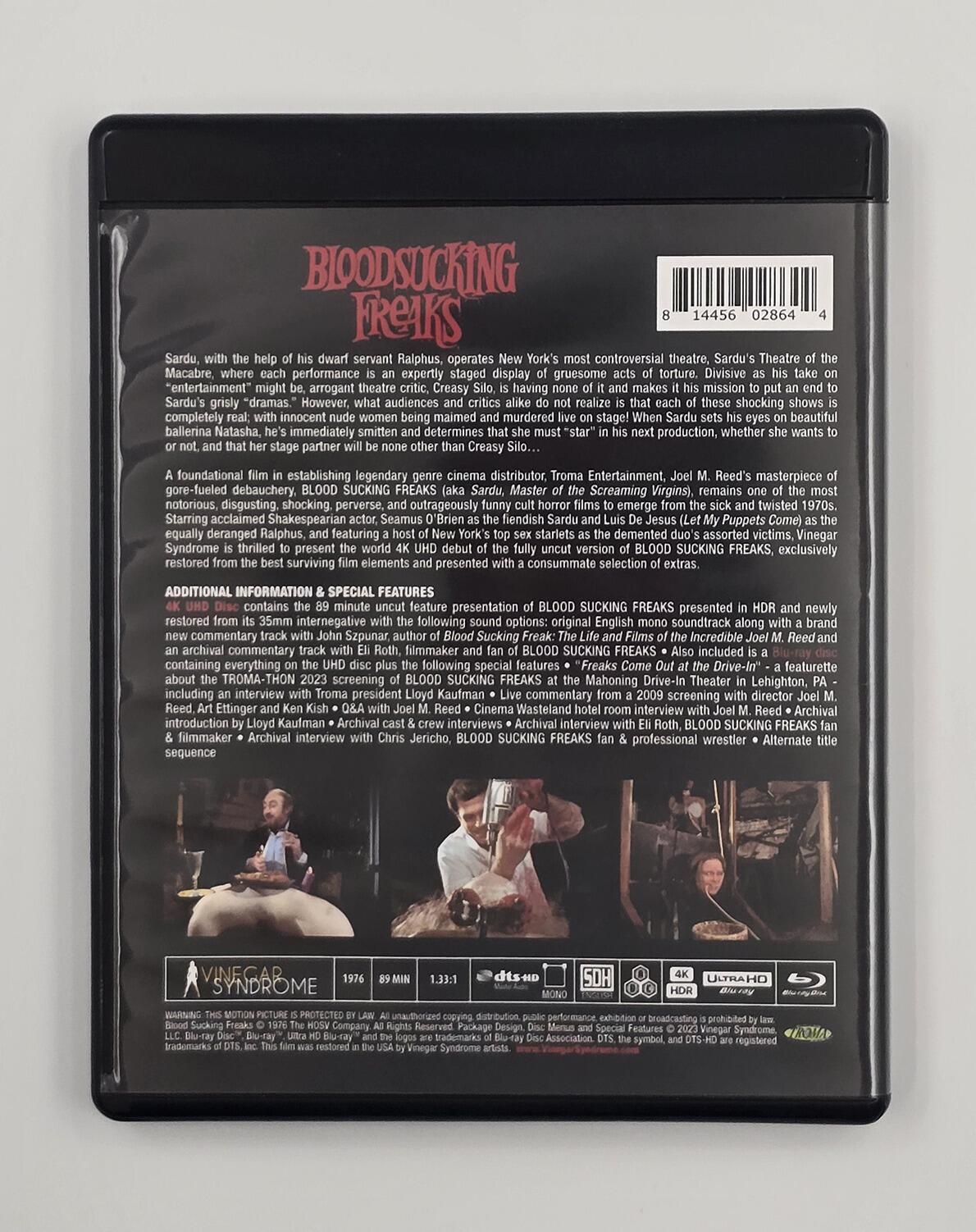 Blood Sucking Freaks - Limited Edition - Reversible Slipcover - 4K UHD + Blu-Ray - Region Free - [Pre-owned] - Vinegar Syndrome - Joel M. Reed - Rear Cover