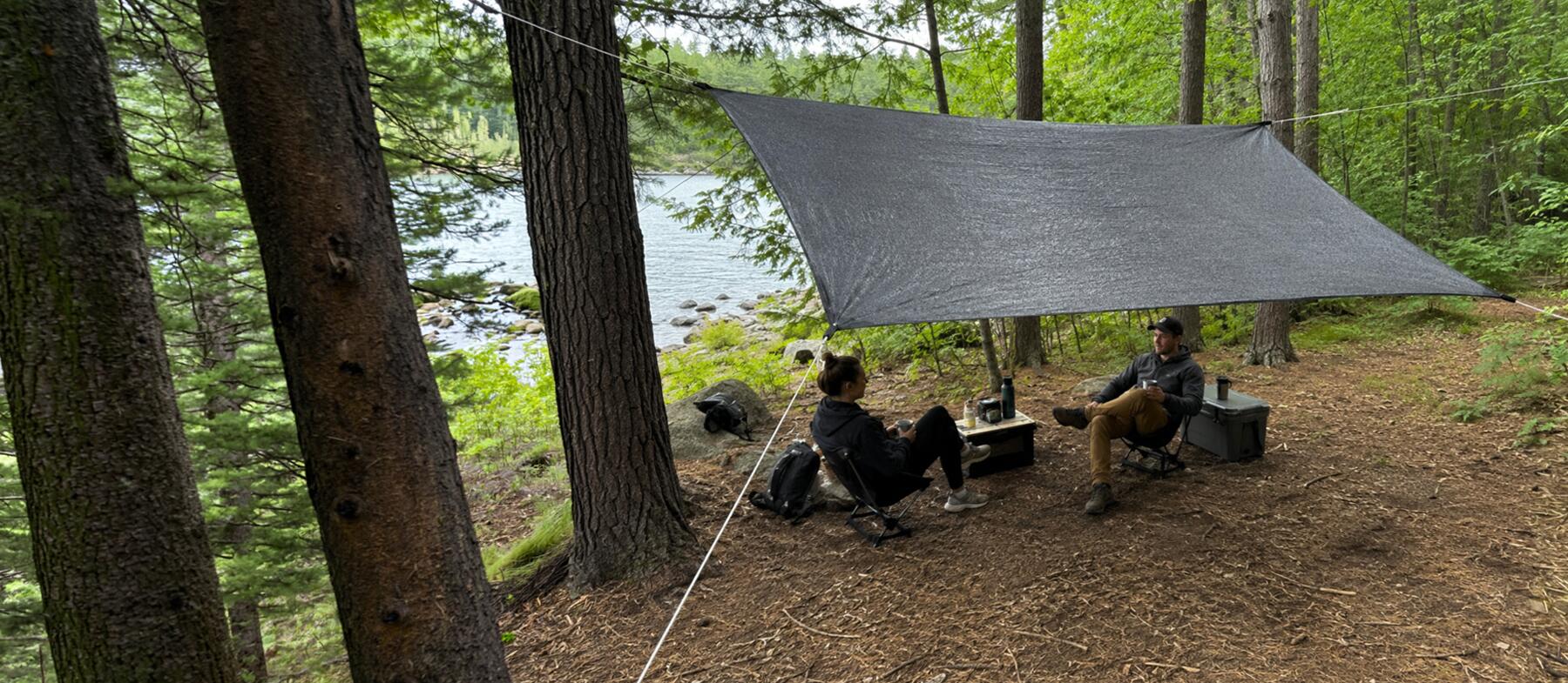 Tent groundsheet reused a s a tarp shelter