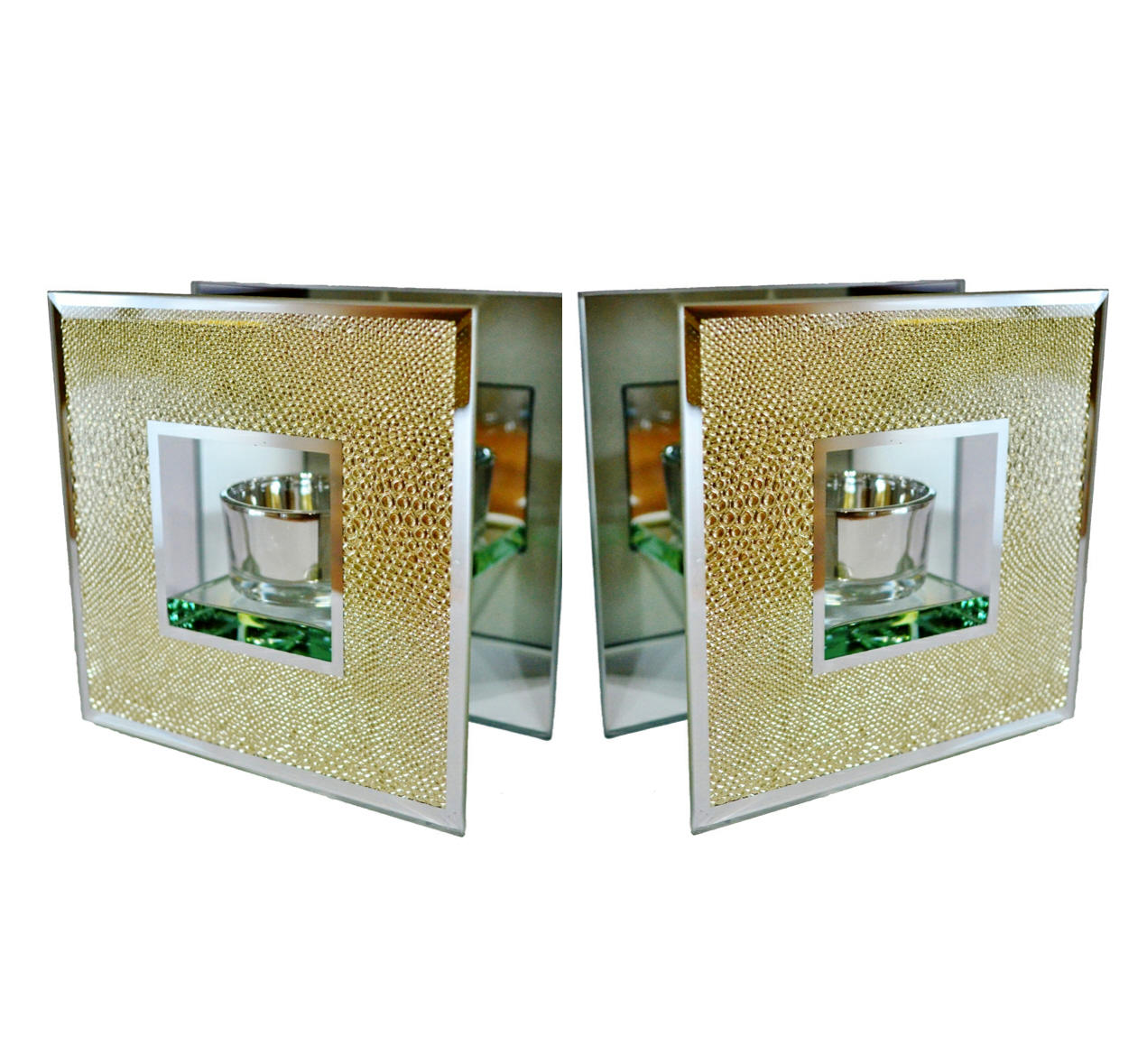 Gold snakeskin mirrored glass tea light holder x 2