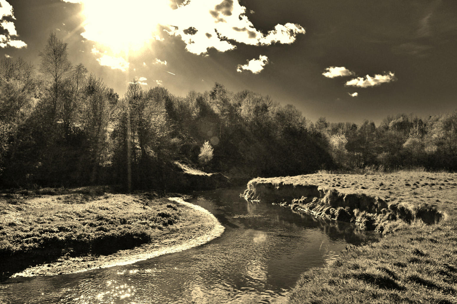 Sunshine on the Wince Brook in sepia