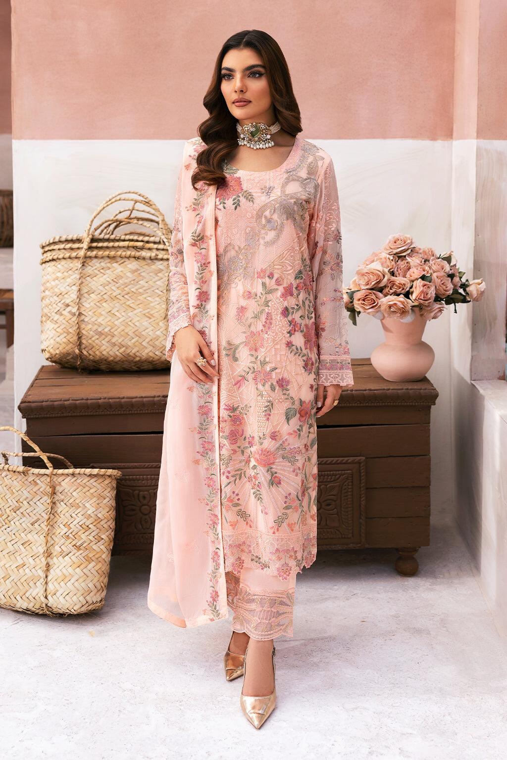 pink chiffon dress pakistani Rose Pink Chiffon Heavy Embroidered Straight Cut Premium Festive Wear