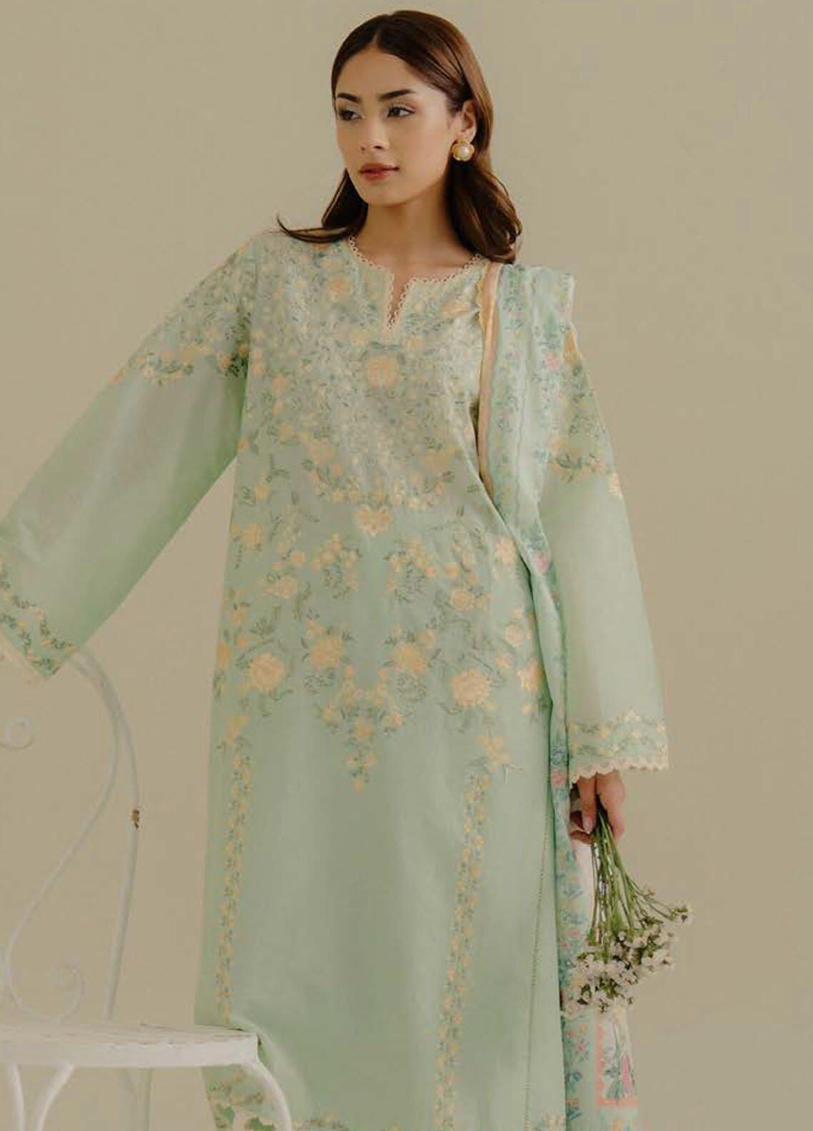 D-7 A Velin Coco by Zara Shahjhan Sea Green Embroidered Lawn Suits