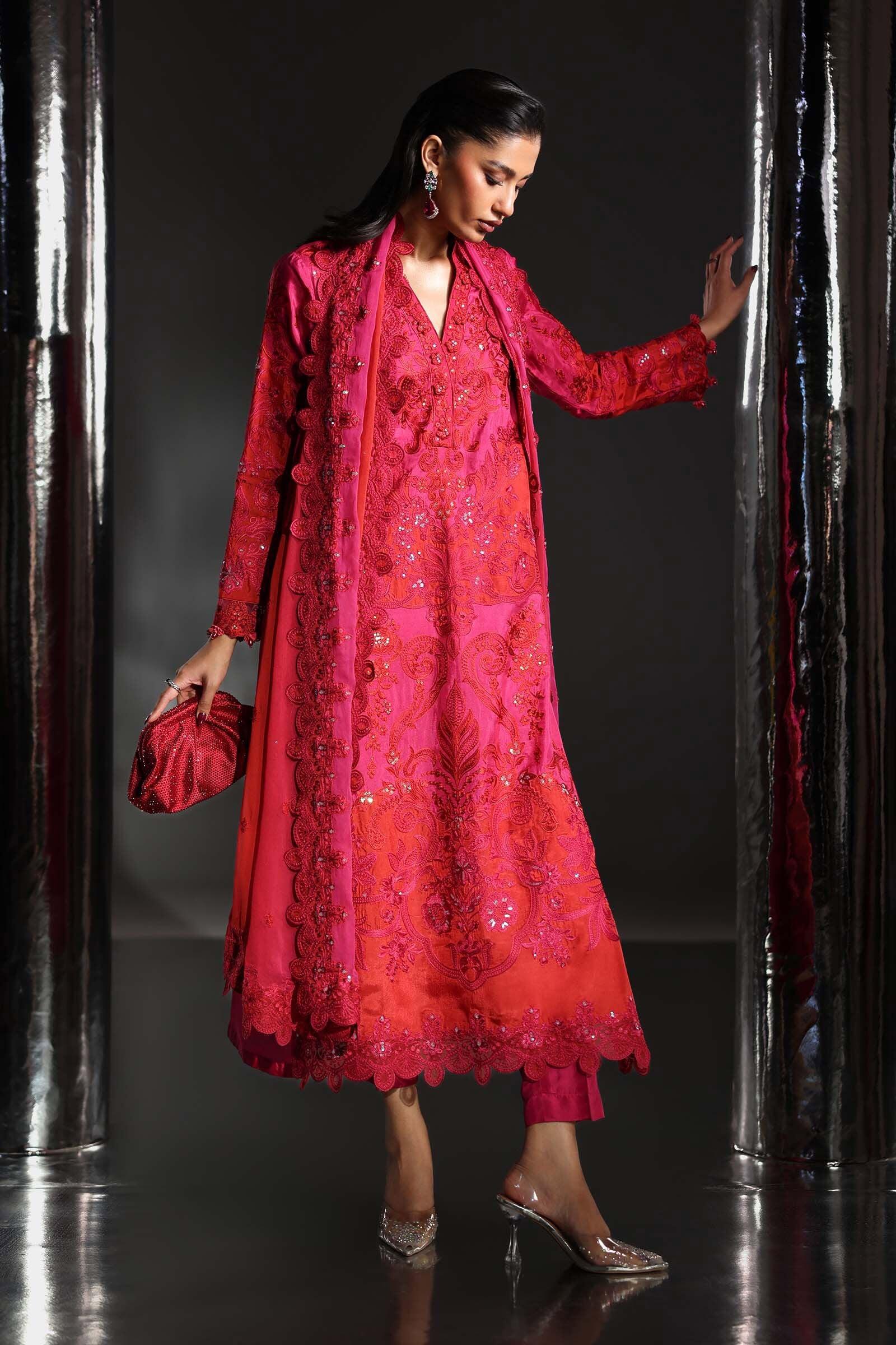 maria b formal dresses sale Luxury SF-EA26-07-Pink Pret Embroidered Tissue Silk Dress US4