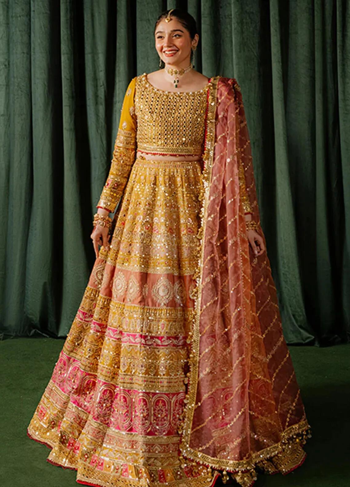 Meher Mohsin Naveed Ranjha Embroidered Mustard Indian Silk Suit