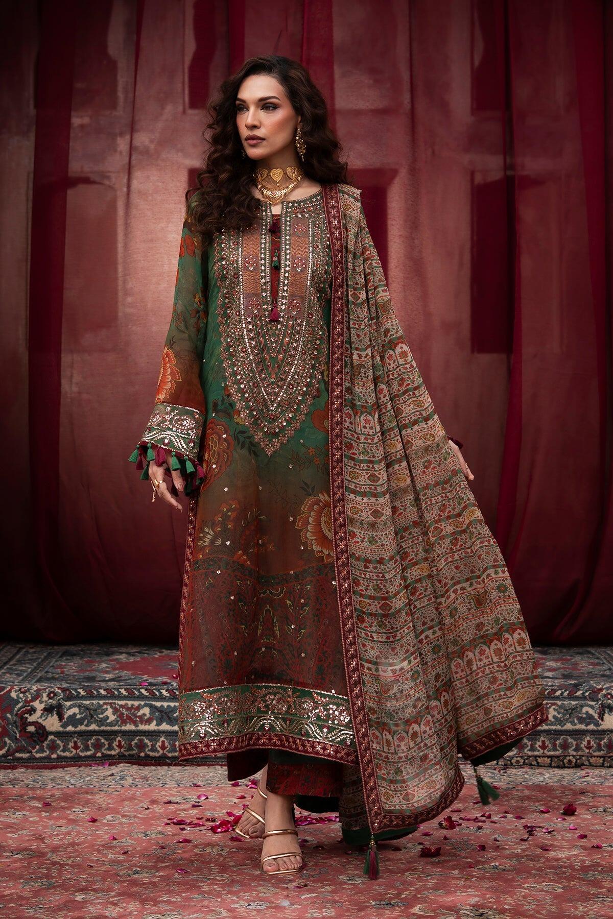 green emerald velvet dress Charizma Formal Mehndi Green Chiffon Dress  Elegant Embroidered Outfi   Emarlad Wear