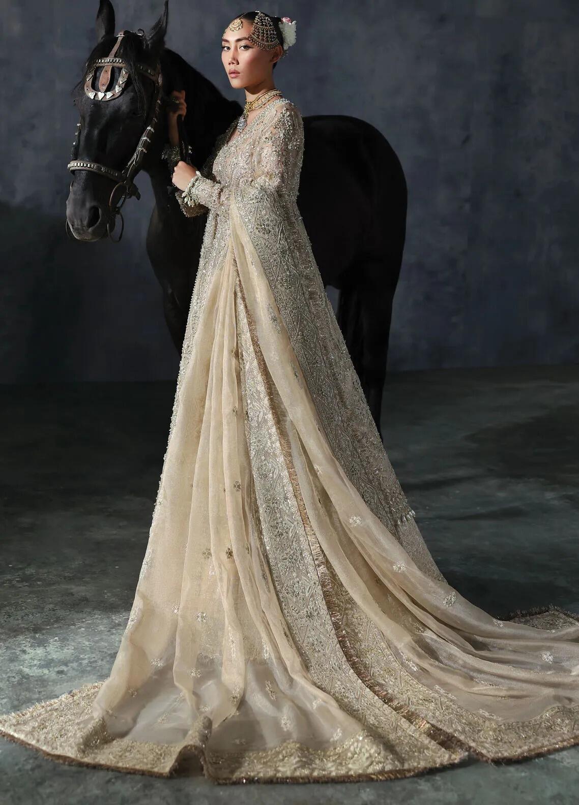 D-04 Bellezza Afrozeh Embroidered Golden Khaadi Net Dress Bridal Collection