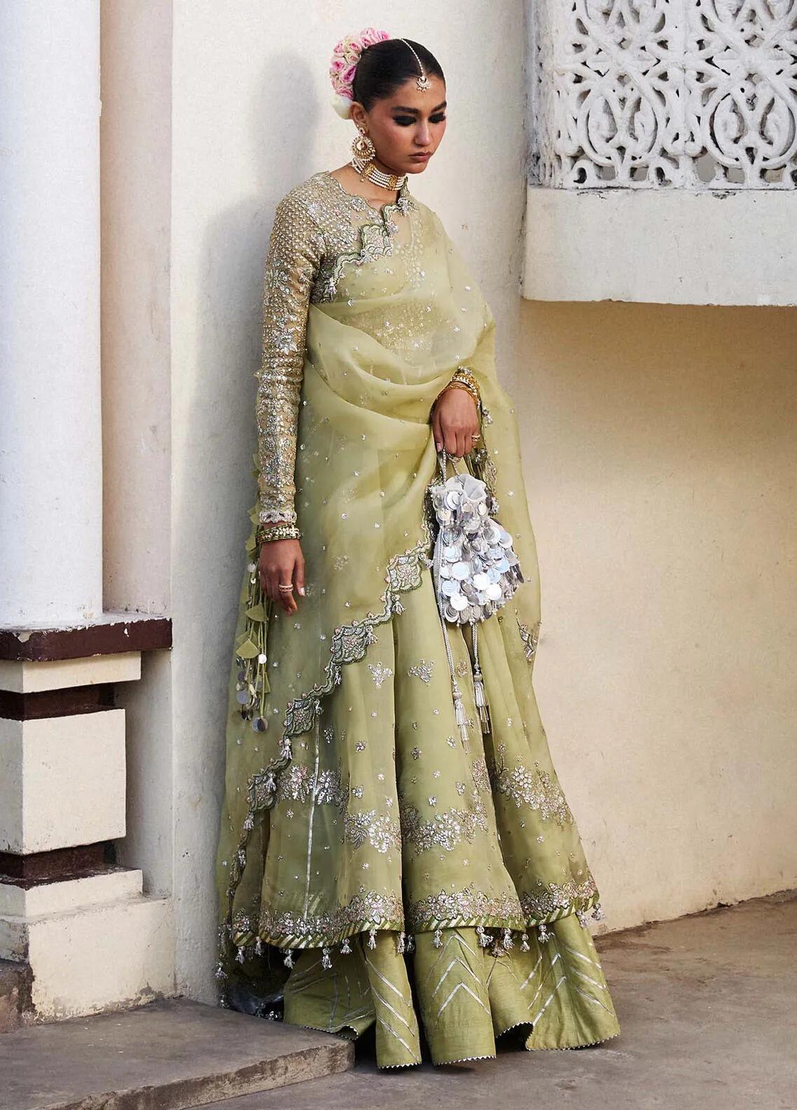 Tahiri Darling by Hussain Rehar Apple Green Embroidered Organza Peshwas Dress Tahiri Darling by Hussain Rehar Apple Green Embroidered Organza Peshwas Dress