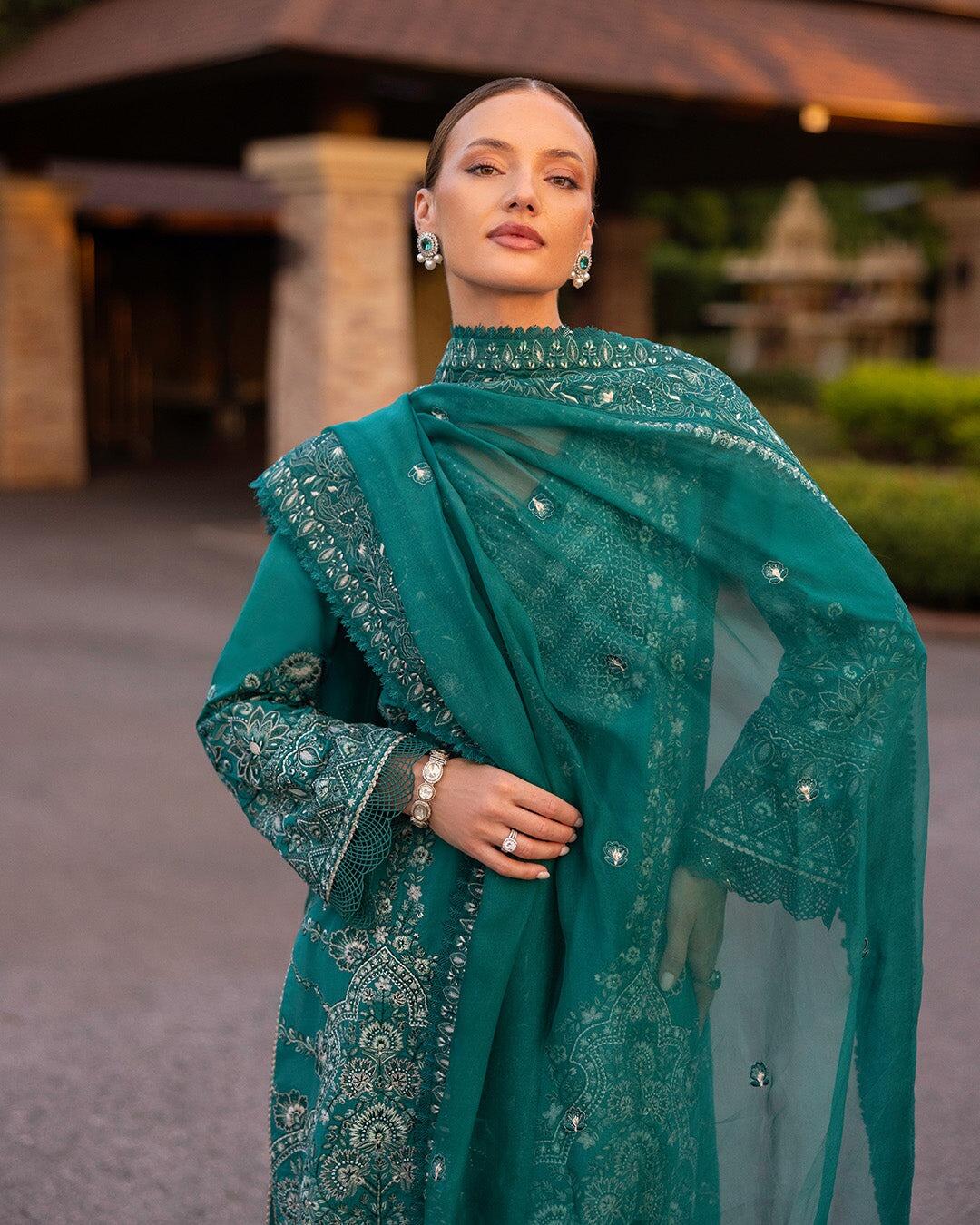 Calla Zinnia by Faiza Saqlain Luxury Embroidered Teal Green Lawn Dress 2025