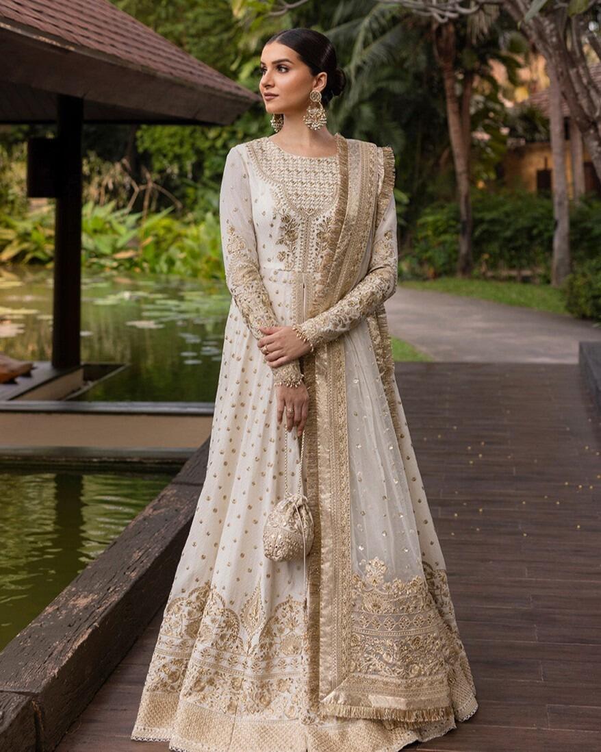 Lily Zinnia by Faiza Saqlain Luxury Embroidered Offwhite Gold Lawn Anarkali Long Dress 2025 Lily Zinnia by Faiza Saqlain Luxury Embroidered Offwhite Gold Lawn Anarkali Long Dress 2025