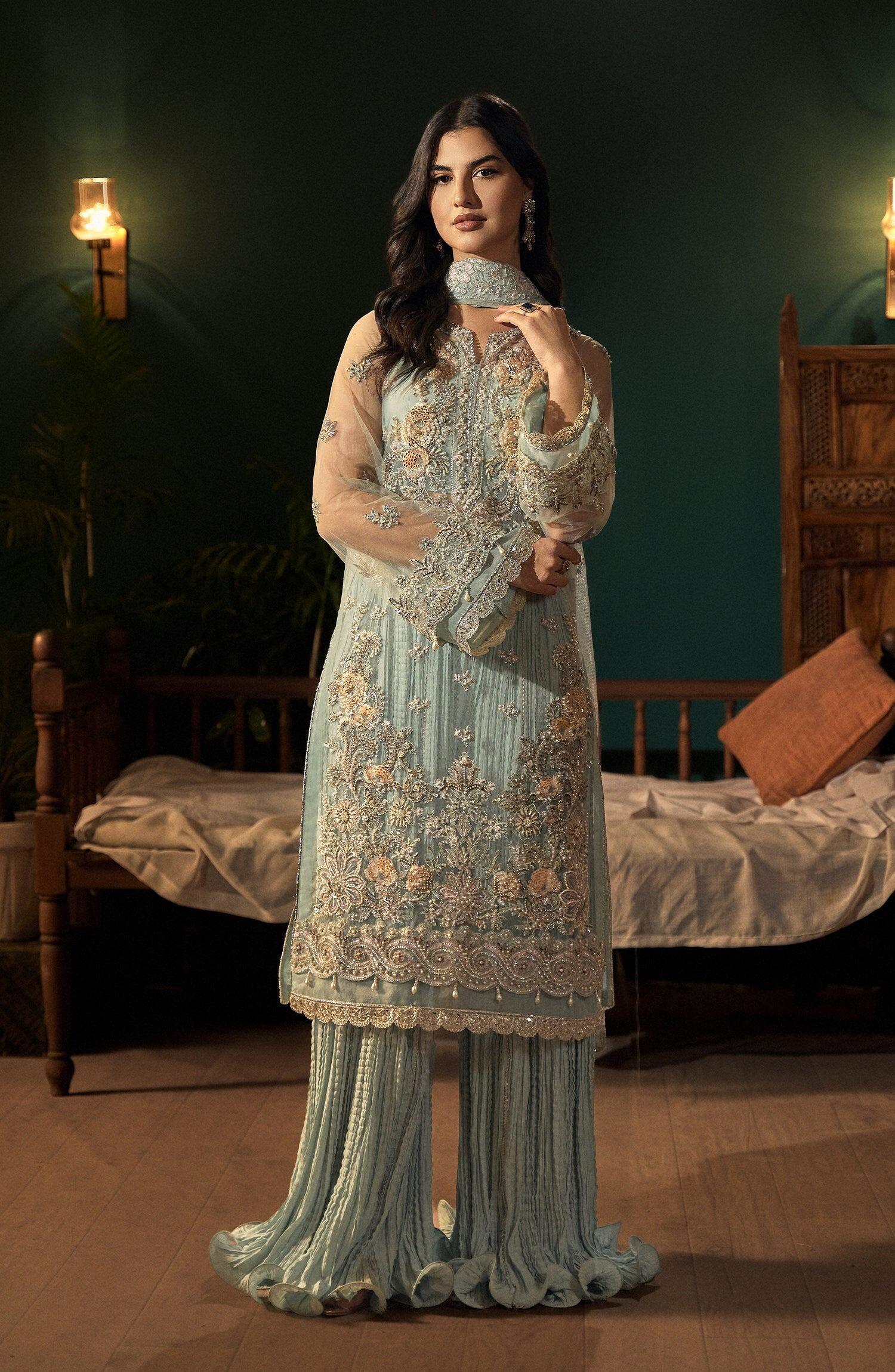 Rua By Faiza Saqlain Oya Luxury Wedding Festive Ice Blue Embroidered Net  Gharara Dress