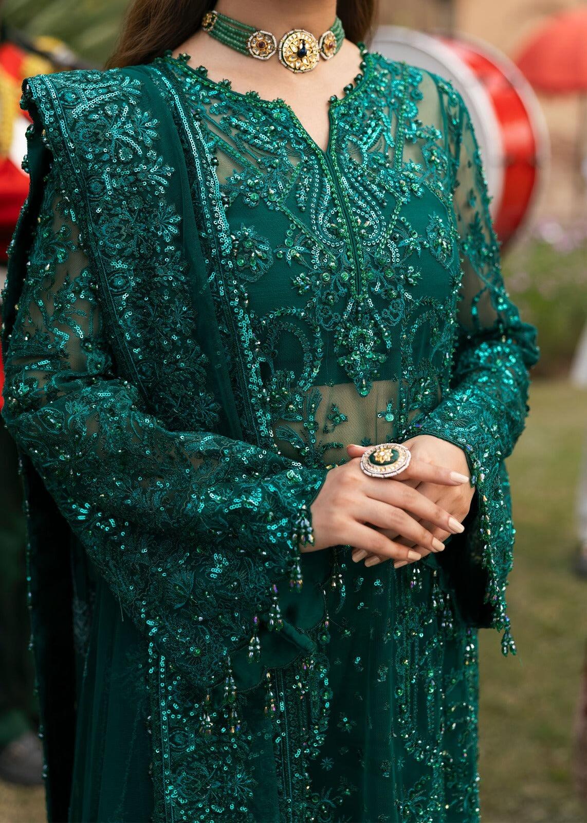 Mehmal Kanwal Malik Maahi Formel Wedding bottle green embroidered net suit