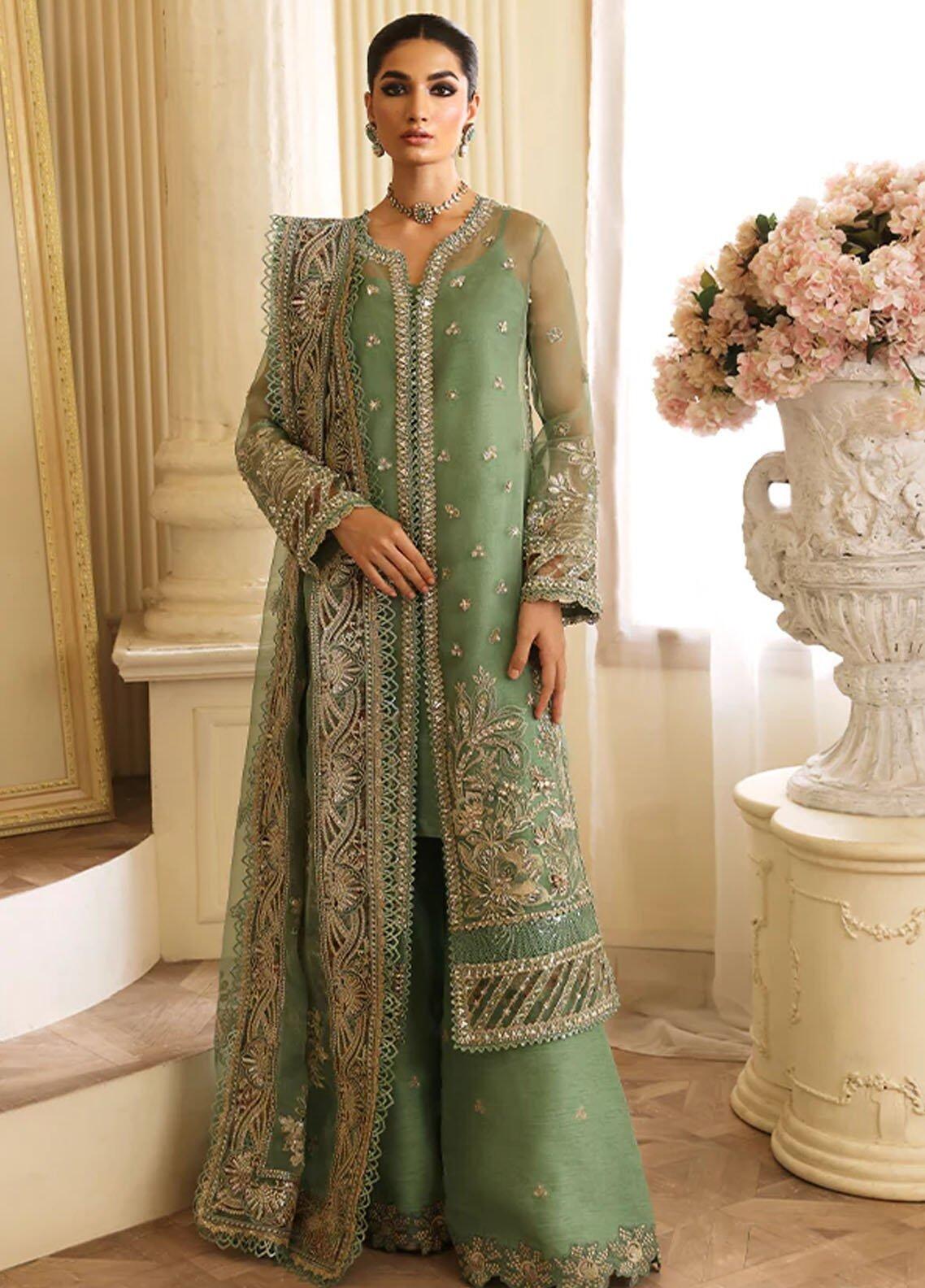 Sapphire Nyra Luxury Partywear Pistachio Green Embroidered Organza Dress