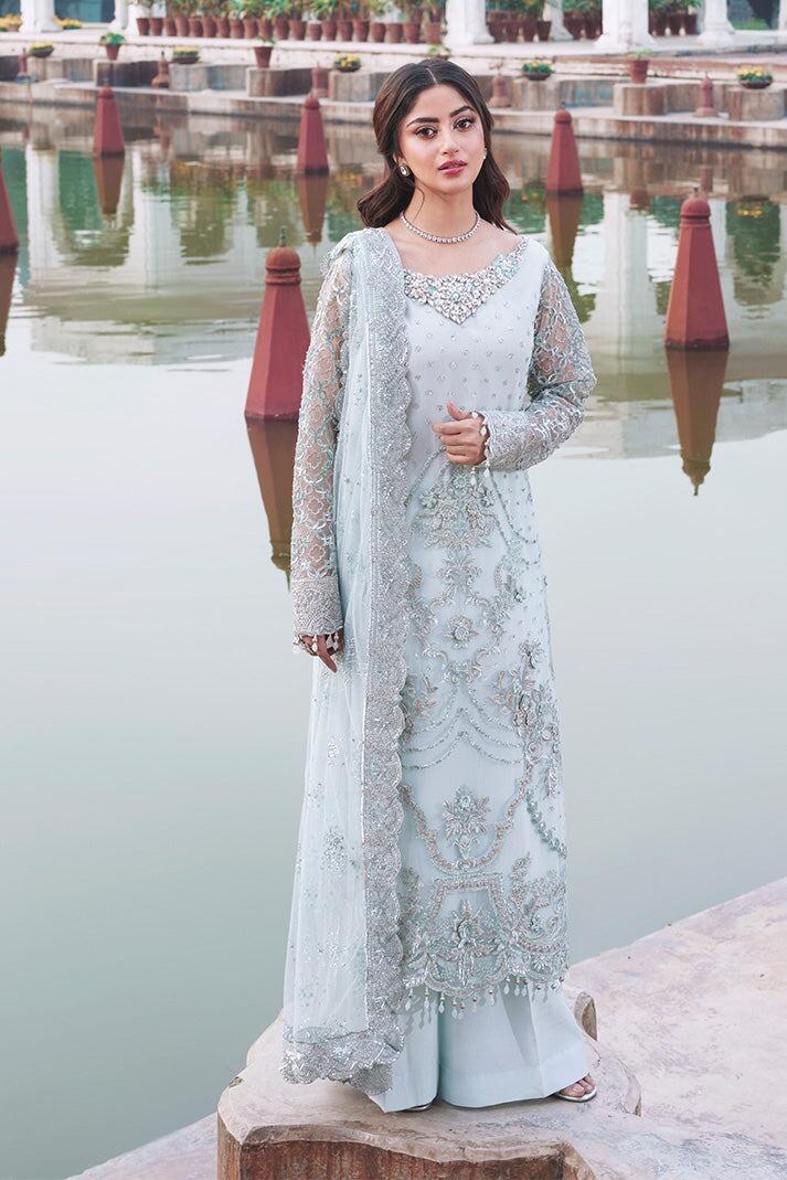 I-262 Aabshaar Sajal Ali by Imrozia Serene Ice Blue Embroidered Net ...