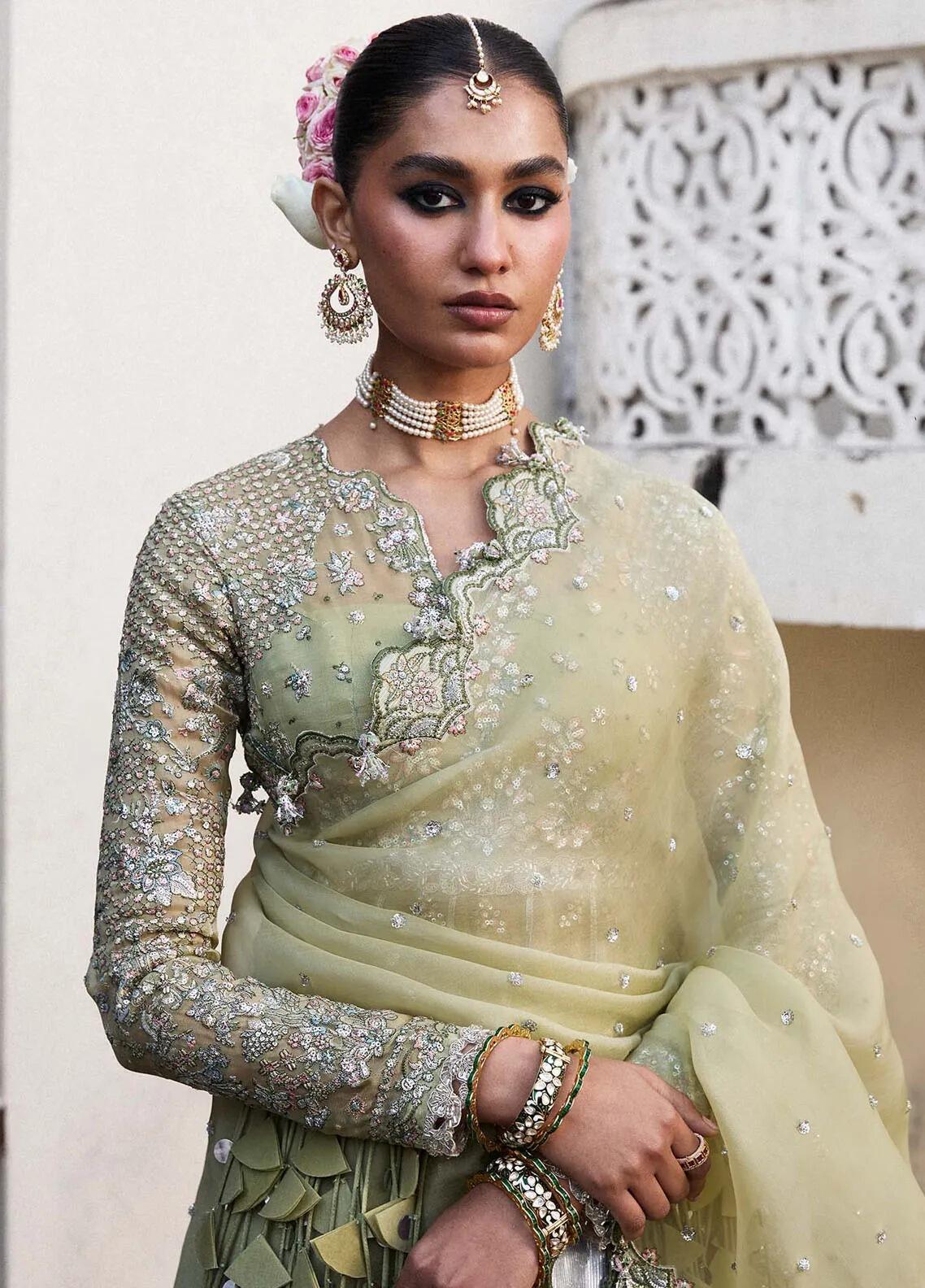 green emerald velvet dress Hussain Rehar green multi bridal collection