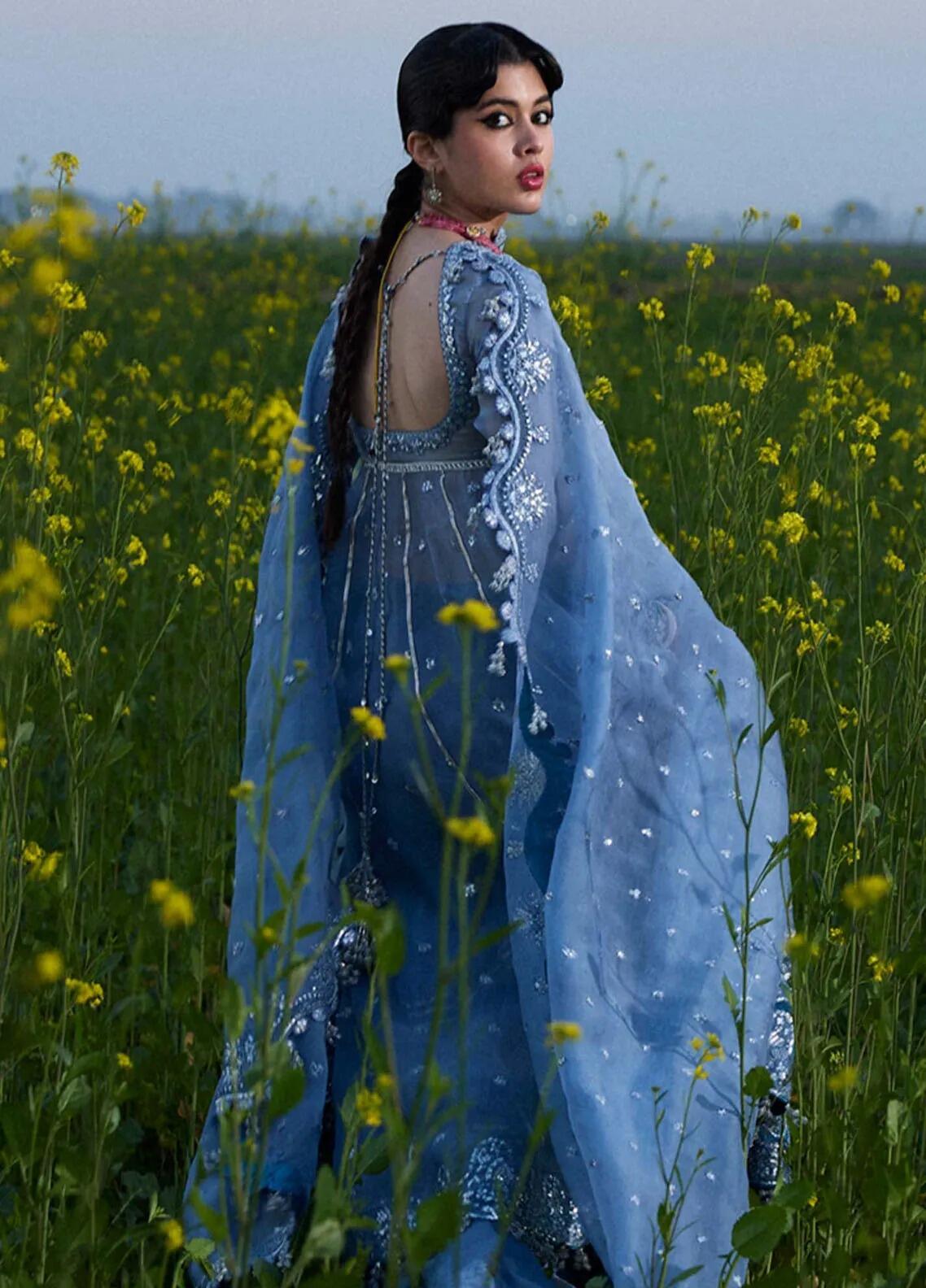 Mira Darling by Hussain Rehar Ice Blue Embroidered Organza Peshwas Dress Mira Darling by Hussain Rehar Ice Blue Embroidered Organza Peshwas Dress