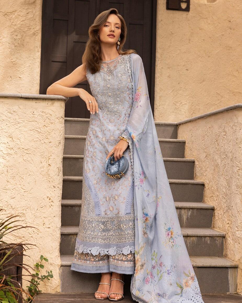 Liana Zinnia by Faiza Saqlain Luxury Pastel Blue Embroidered Lawn Dress 2025 Liana Zinnia by Faiza Saqlain Luxury Pastel Blue Embroidered Lawn Dress 2025