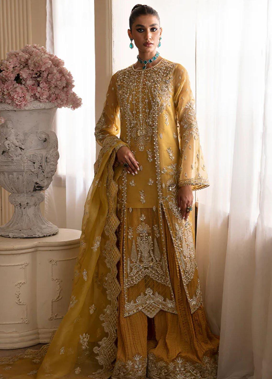 Aurea Nyra Luxury Partywear Mustard Yellow Embroidered Organza Dress Aurea Nyra Luxury Partywear Mustard Yellow Embroidered Organza Dress