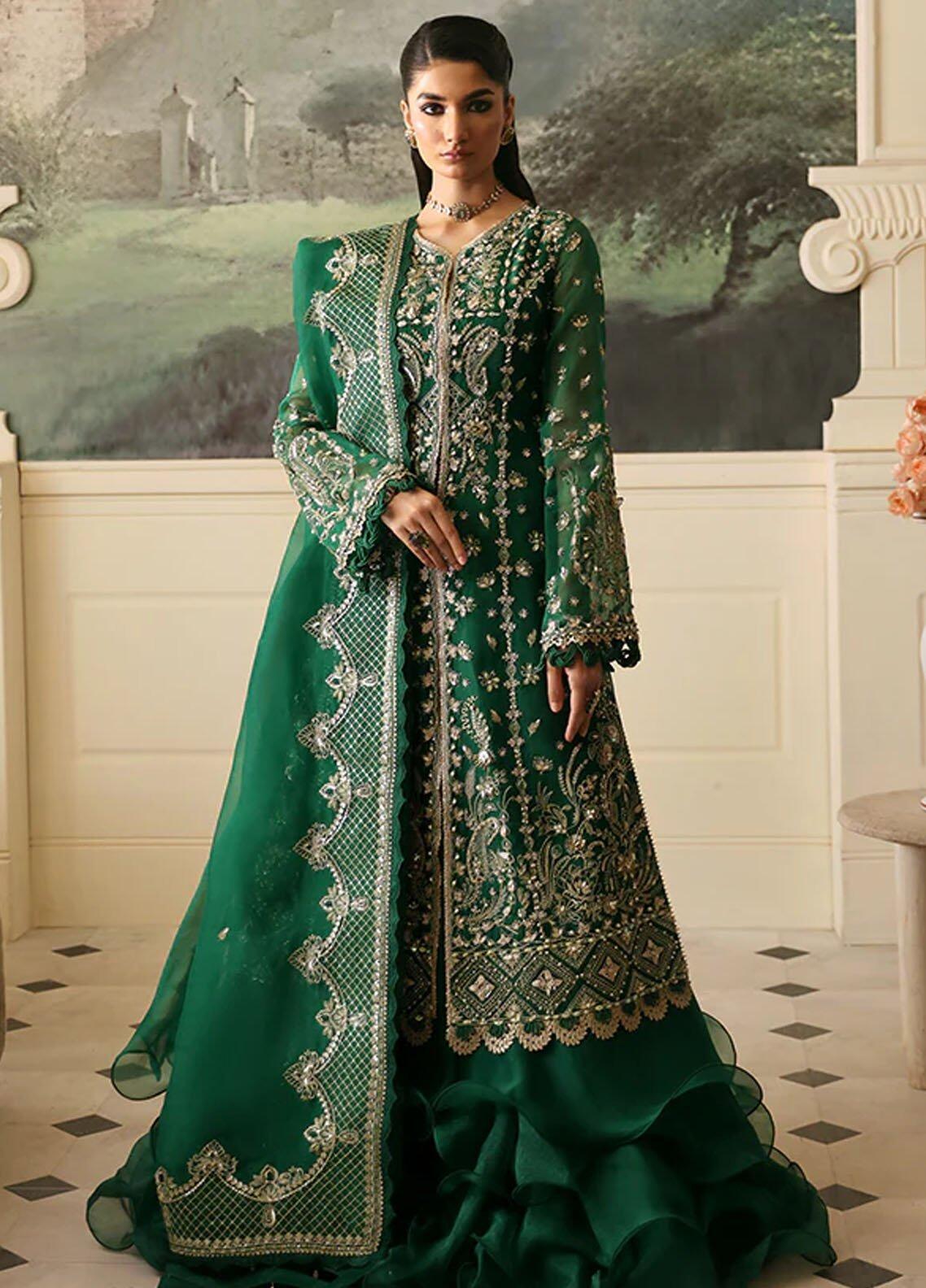 Jade Nyra Luxury Partywear Bottle Green Embroidered Organza Dress