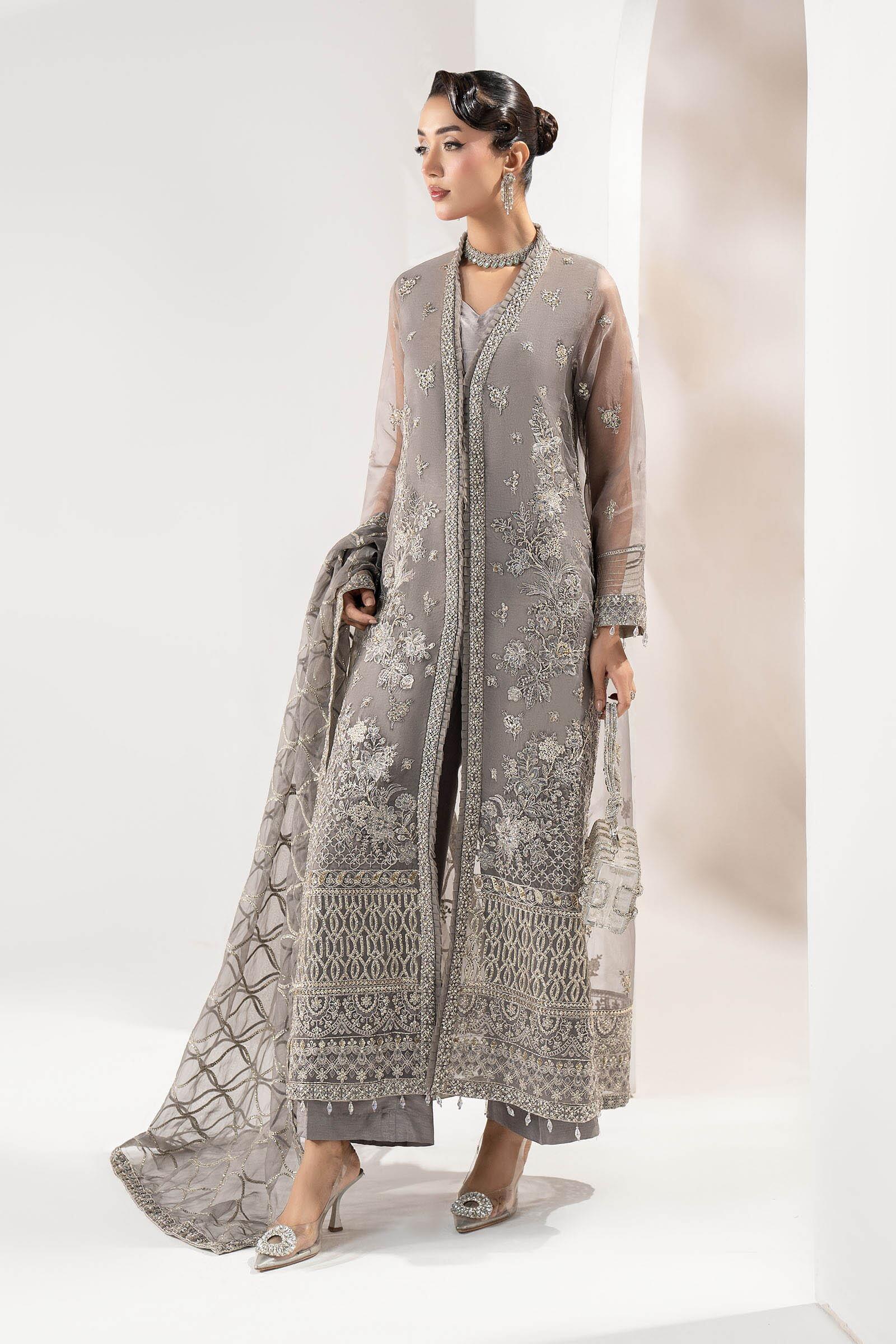 SF-W25-34 Maria b Luxury Pret Grey Embroidered Organza Dress