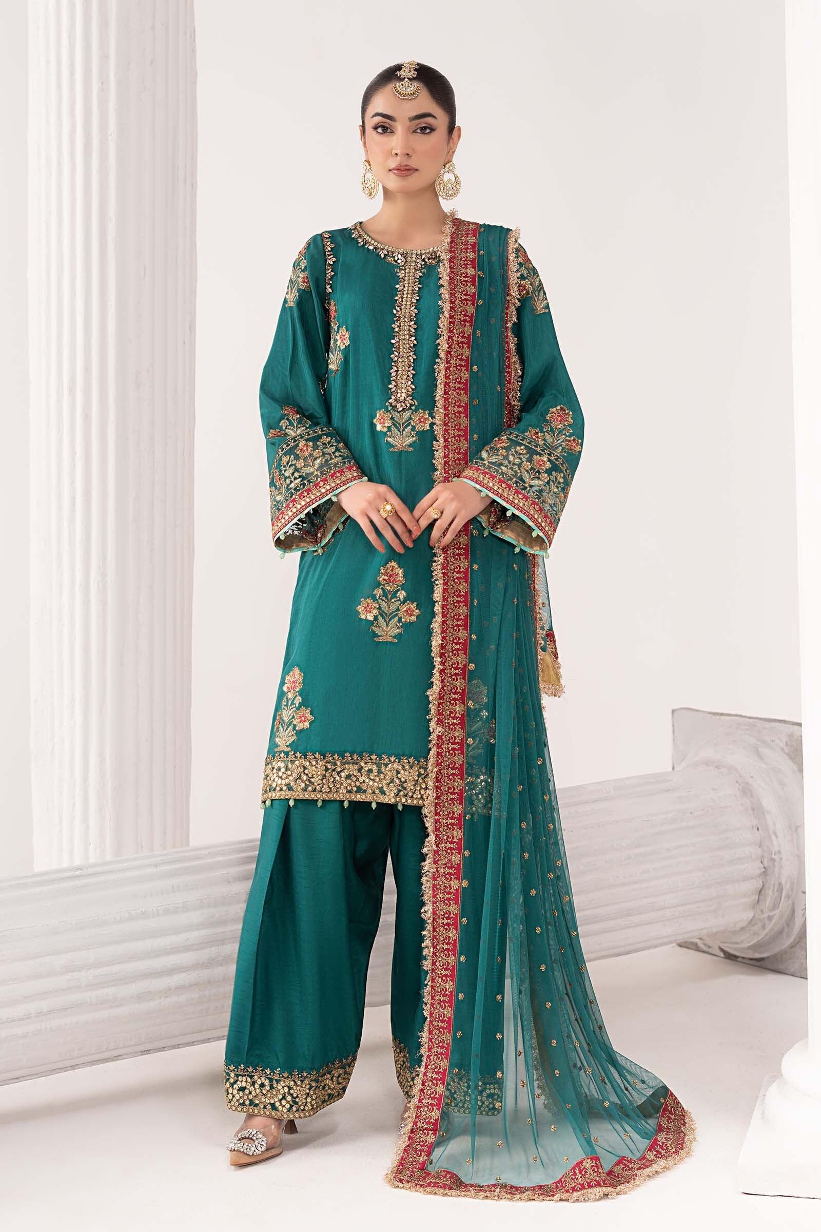 maria b silk dress Maria B SF-EF26-22-Teal Luxury Formal Pret Embroidered Raw Silk Dress