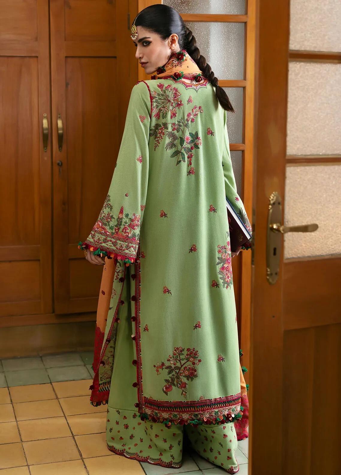 Mosy Hussain Rehar Embroidered Parrot Green Karandi Suit Winter Collection