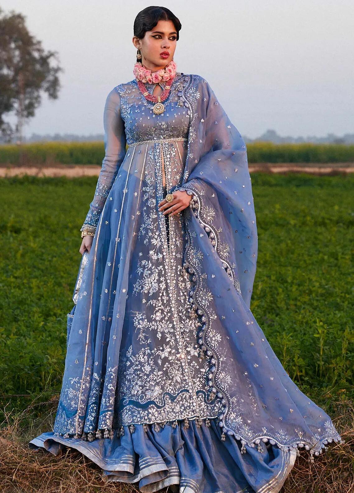 Mira Darling by Hussain Rehar Ice Blue Embroidered Organza Peshwas Dress