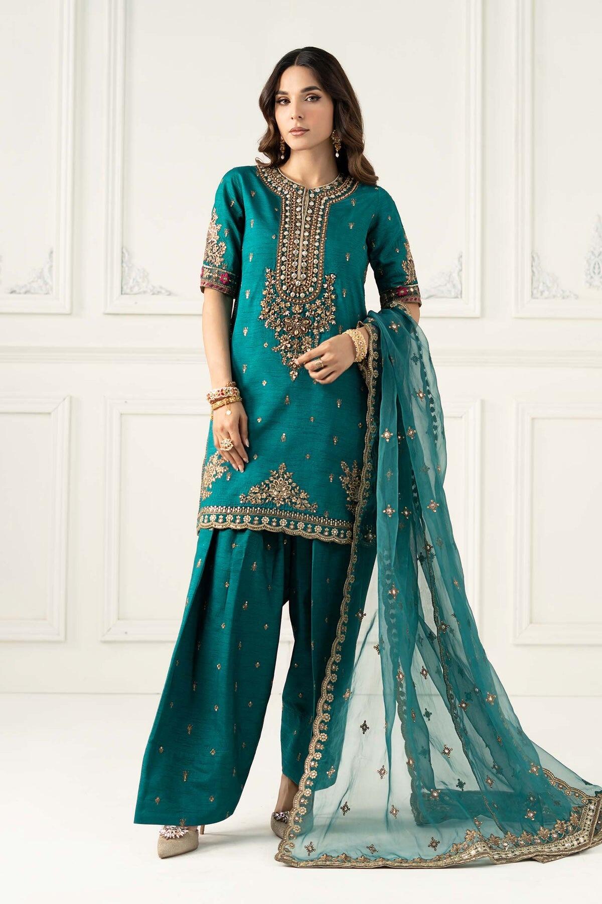 slim fit dress slacks MARIA B GREEN CHIKANKARI LAWN EMBROIDERY DRESS – GoodLuck Collections main image 1