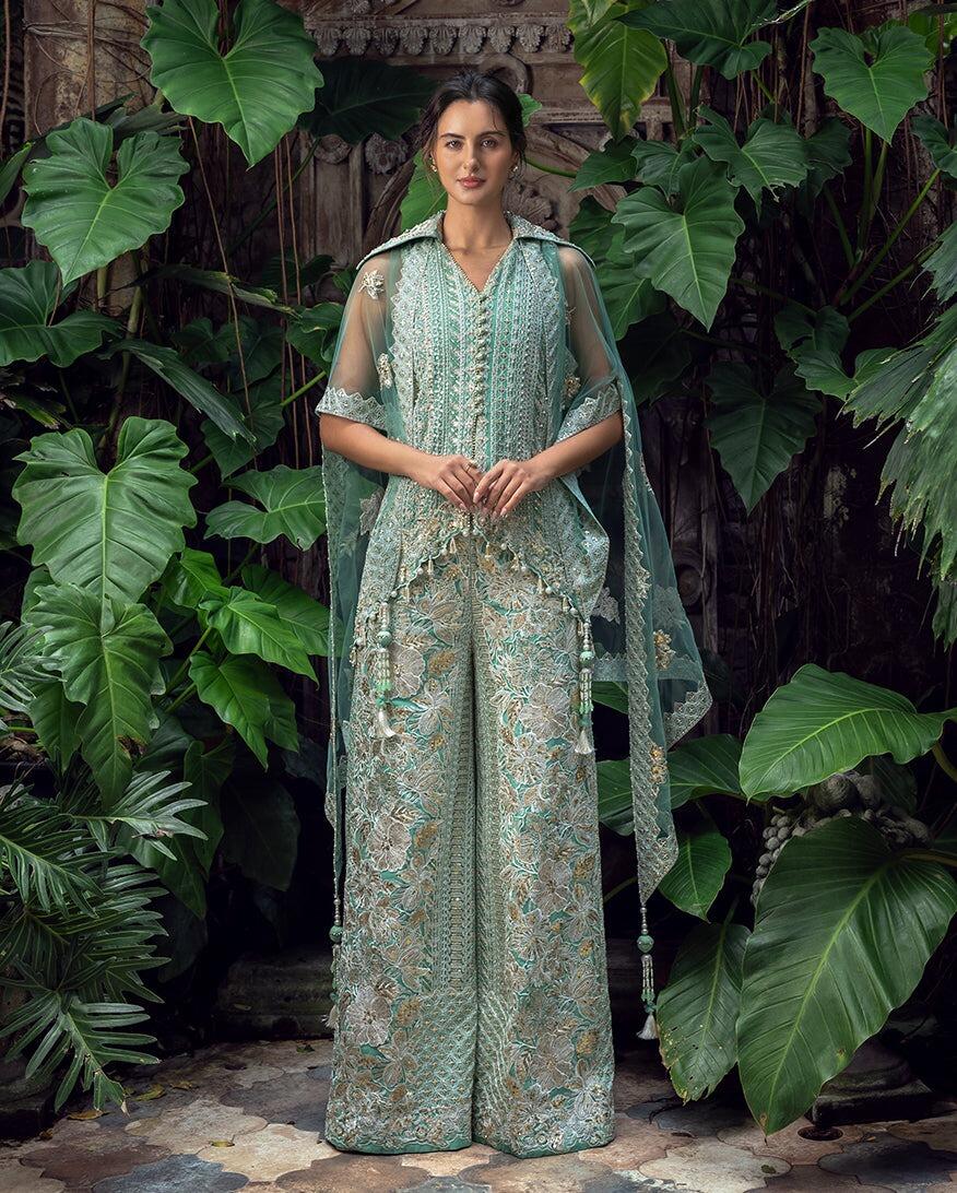 Sapphire Nyra Luxury Partywear Pistachio Green Embroidered Organza Dress