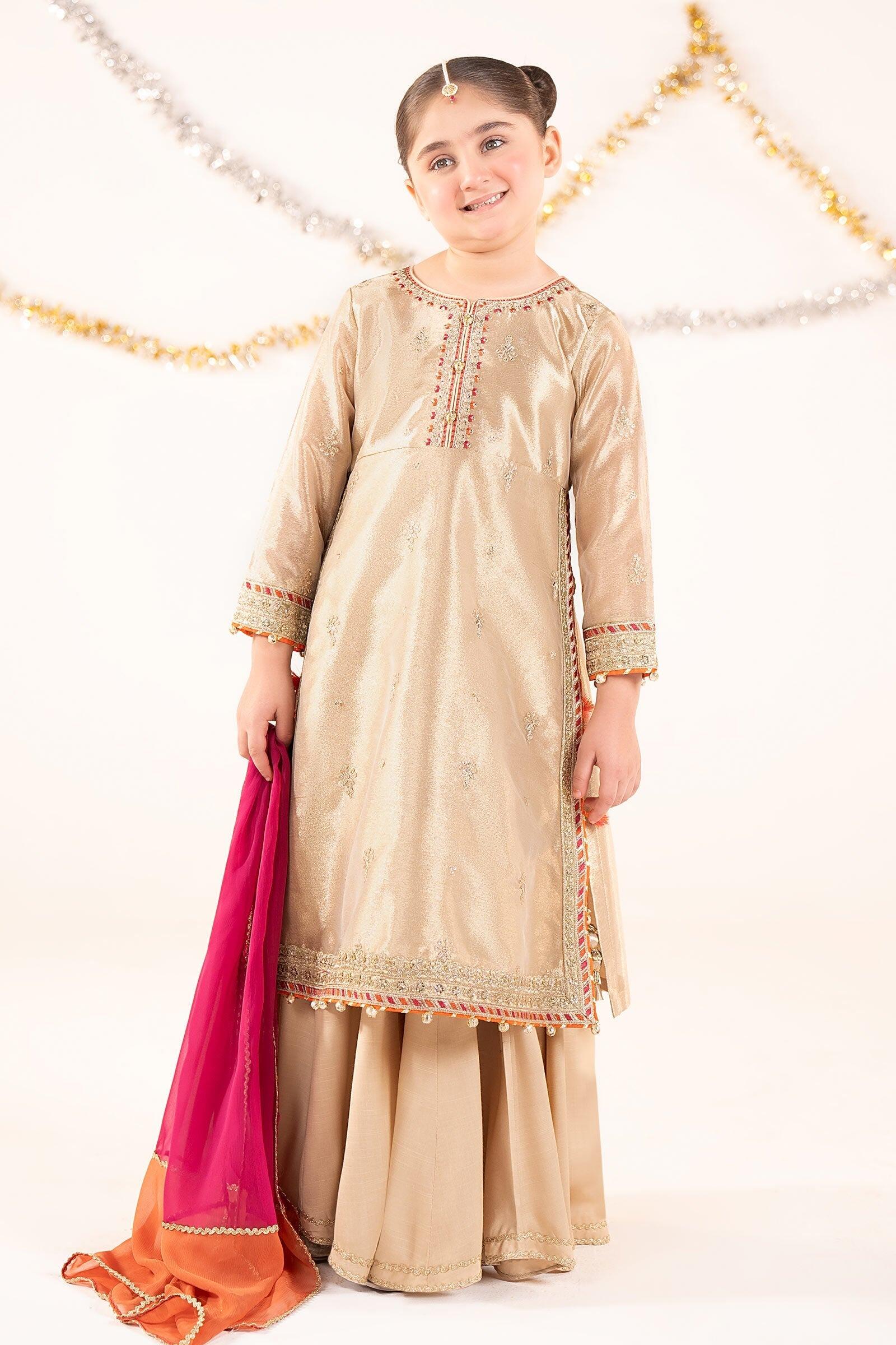 Maria B Mkids MKS-EF26-11-Golden Embroidered Tissue Sharara Dress Maria B Mkids MKS-EF26-11-Golden Embroidered Tissue Sharara Dress