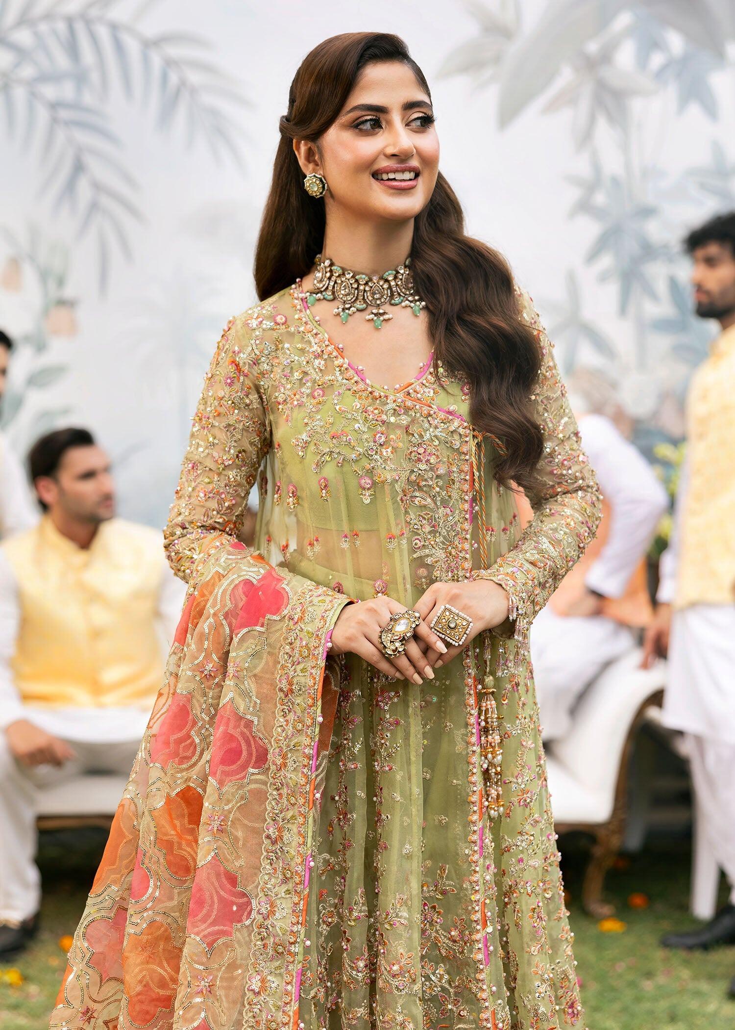Ayat Kanwal Malik Maahi Formel Wedding Parrot Embroidered long gown  angrakha dress