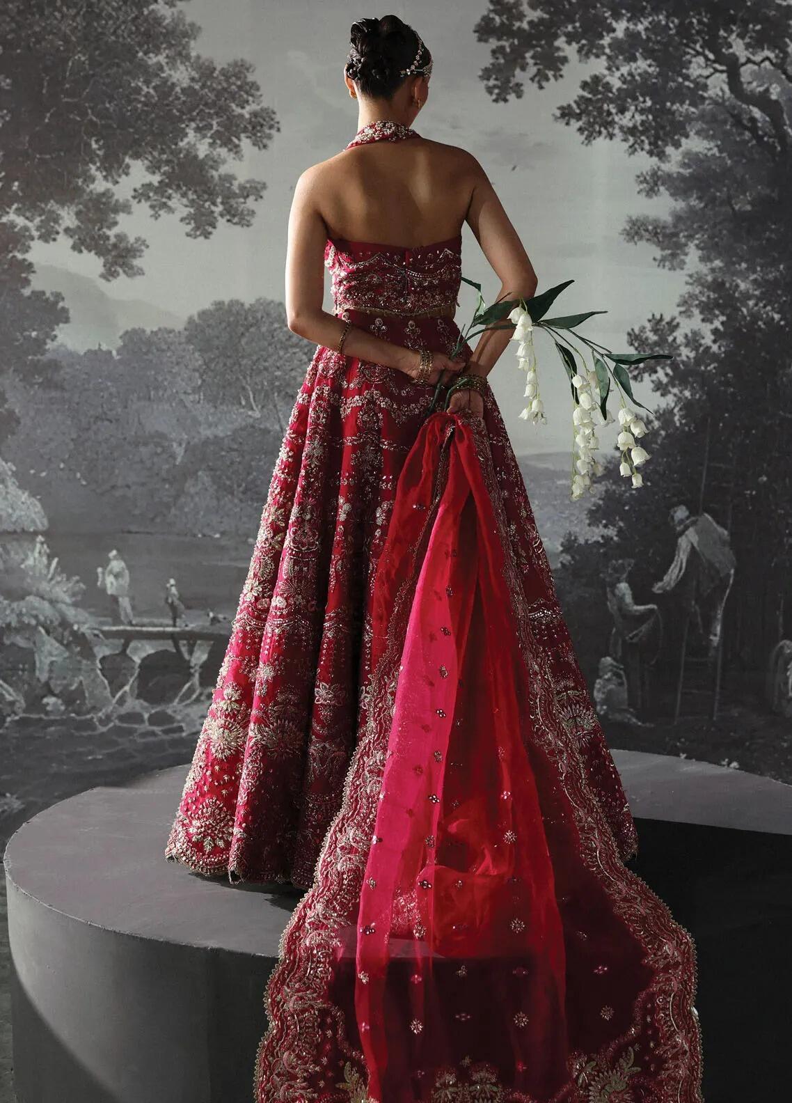 D-07 Claude Afrozeh Embroidered Dark Pink Organza Long Gown Dress Bridal  Collection