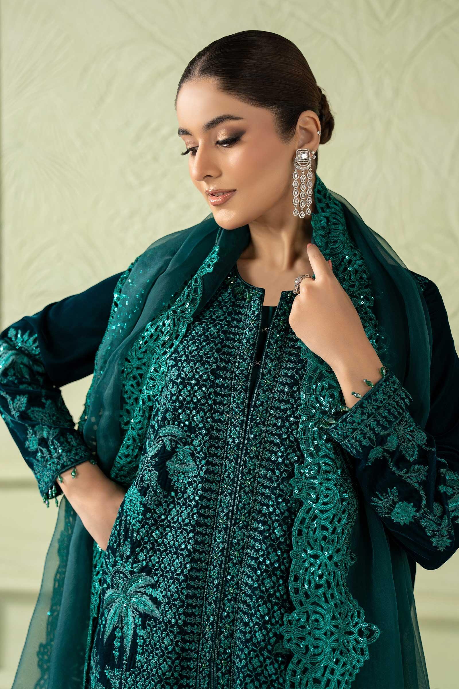 slim fit dress slacks Bottle Green) Embroidered Luxury Velvet Suit | 3 Pc main image 1