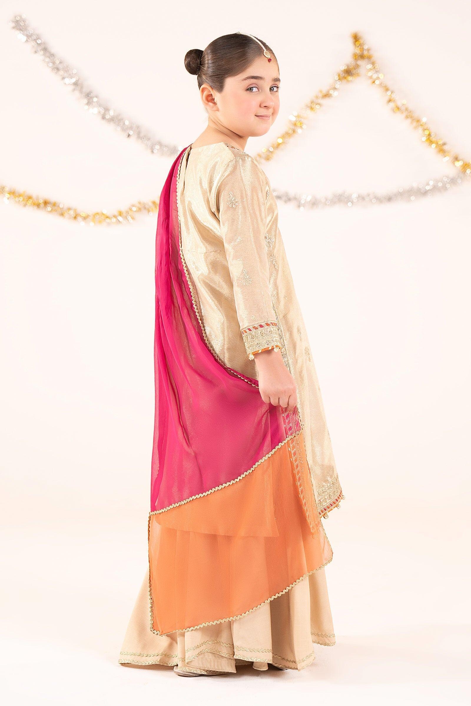 Maria B Mkids MKS-EF26-11-Golden Embroidered Tissue Sharara Dress