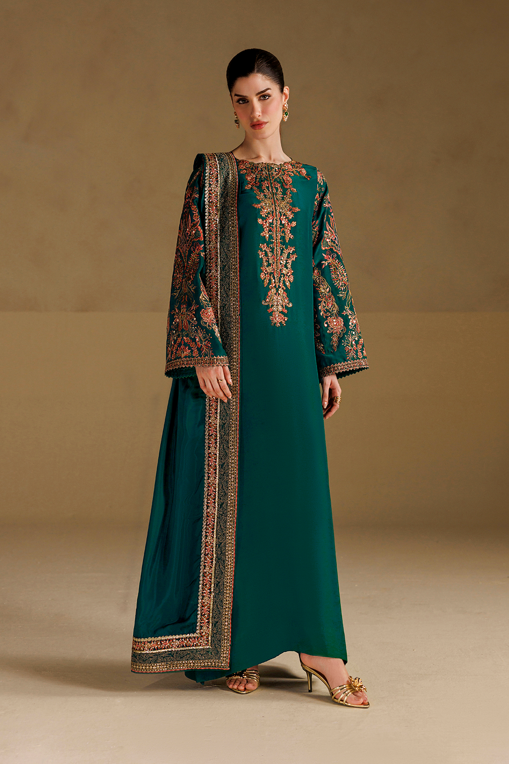 green colour party wear dress Iznik Formals UE-738 Emerald Embroidered Ramen Silk Partywear green dress