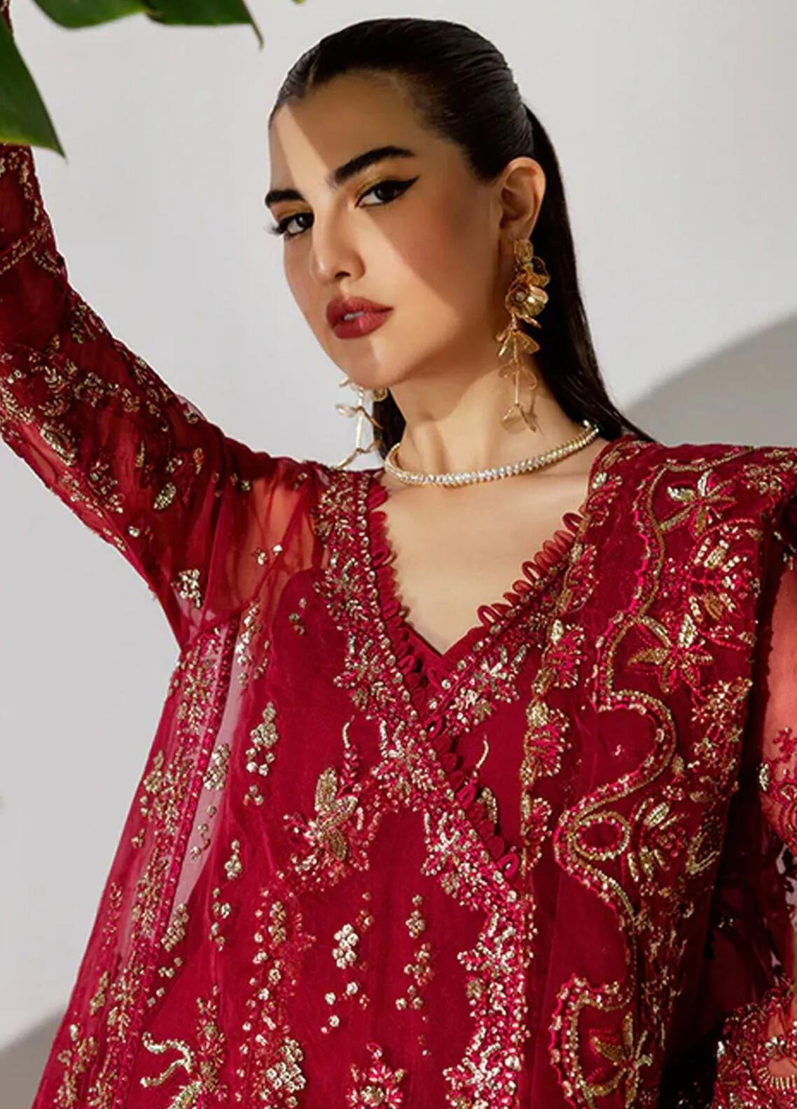 Apple Canary by Scintilla Saffron Embroidered Dark Red Organza Suit ...