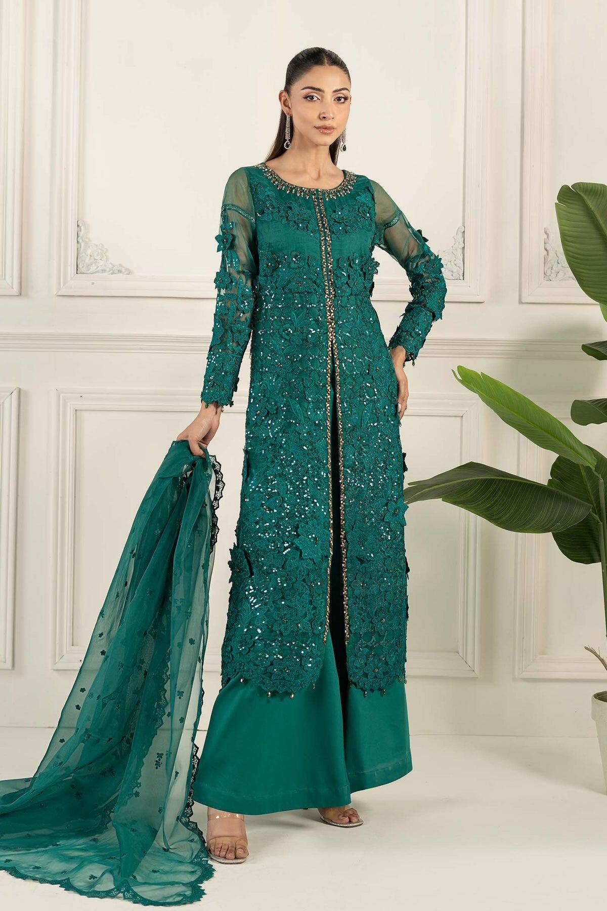 SF-EF25-04 Maria b Luxury Formal Pret Green Embroidered Organza Dress