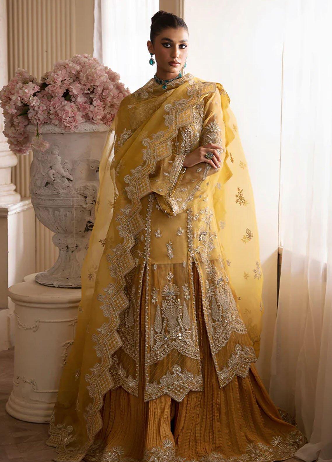 Aurea Nyra Luxury Partywear Mustard Yellow Embroidered Organza Dress