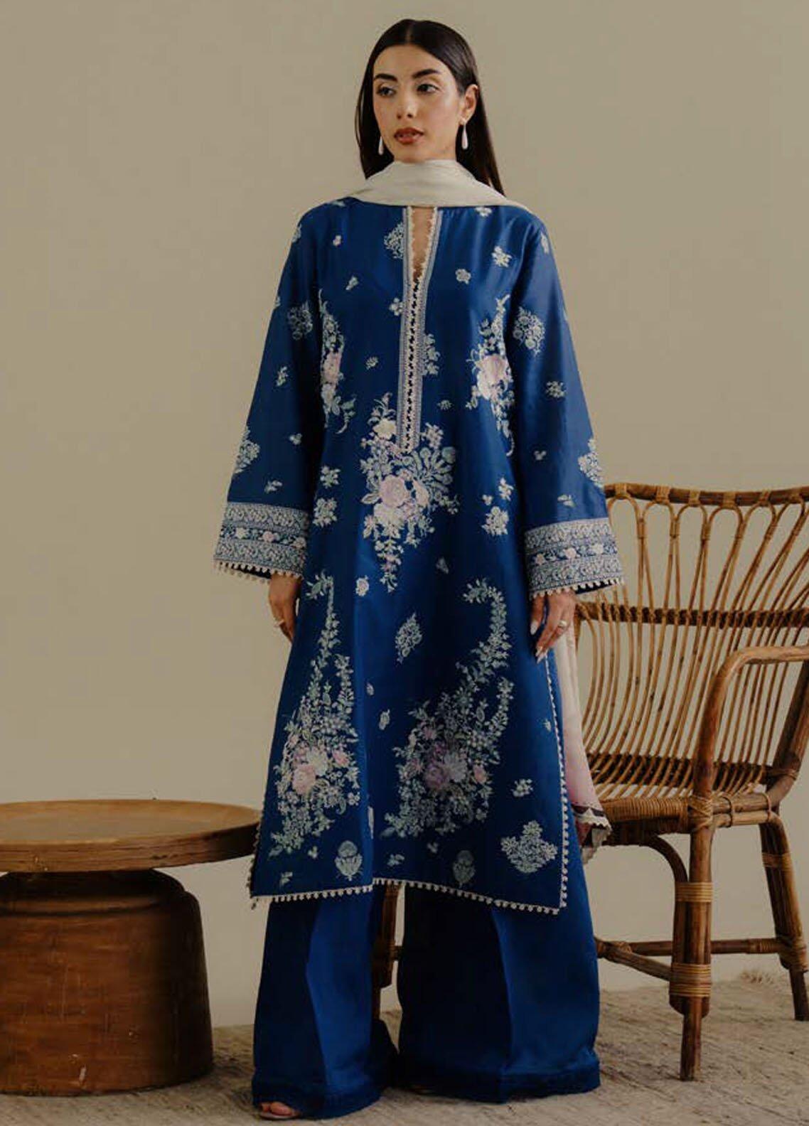 D-3A Luleh Coco by Zara Shahjhan Blue Embroidered Lawn Suits