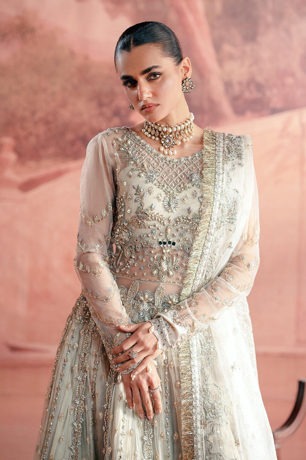 Rua By Faiza Saqlain Oya Luxury Wedding Festive Ice Blue Embroidered Net  Gharara Dress