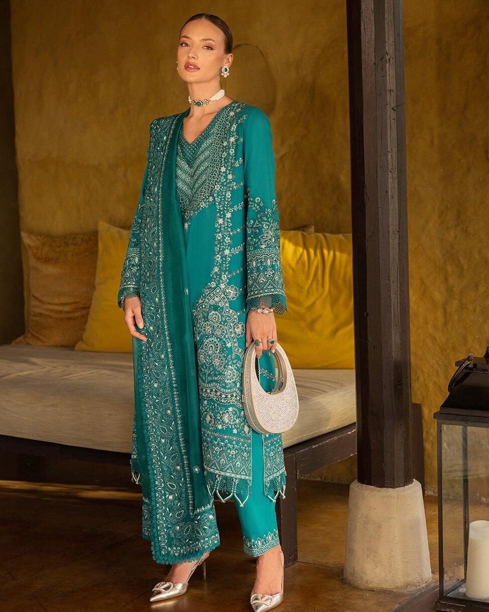Calla Zinnia by Faiza Saqlain Luxury Embroidered Teal Green Lawn Dress 2025